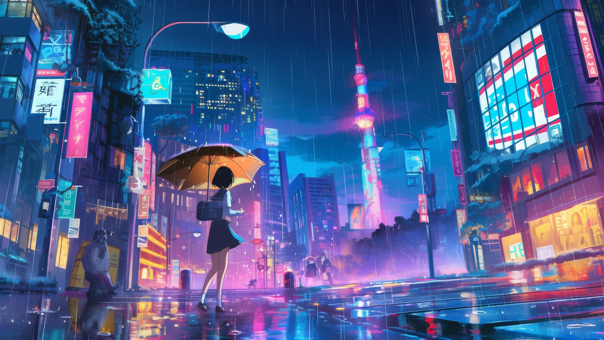 Ghibli-style anime city at night with neon lights and characters.