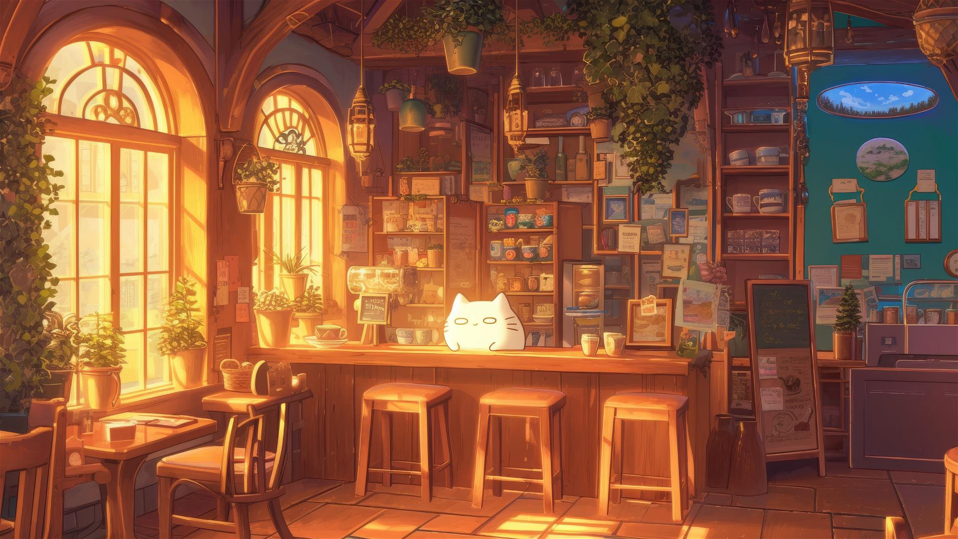 Anime café interior with Ghibli-style decorations and magical pets.