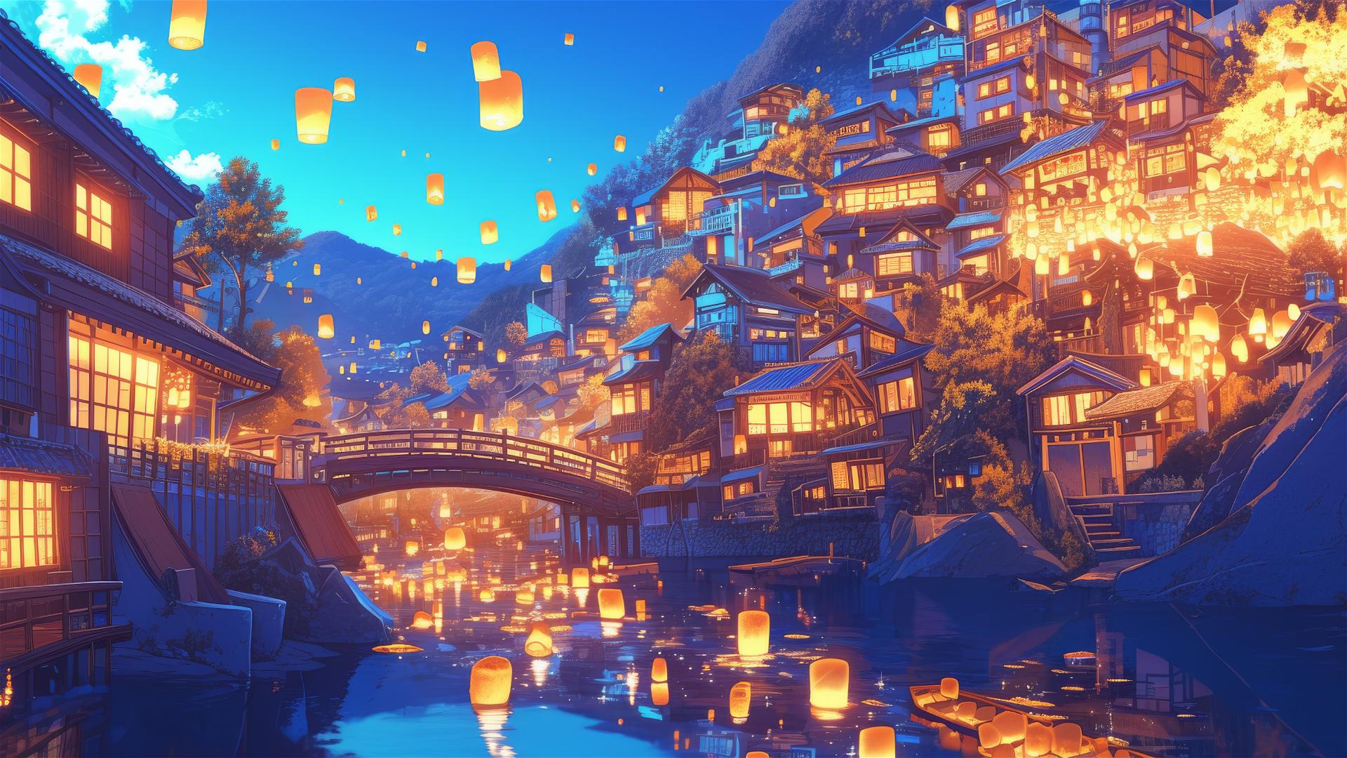 Anime Ghibli town with floating lanterns and joyful faces at night.