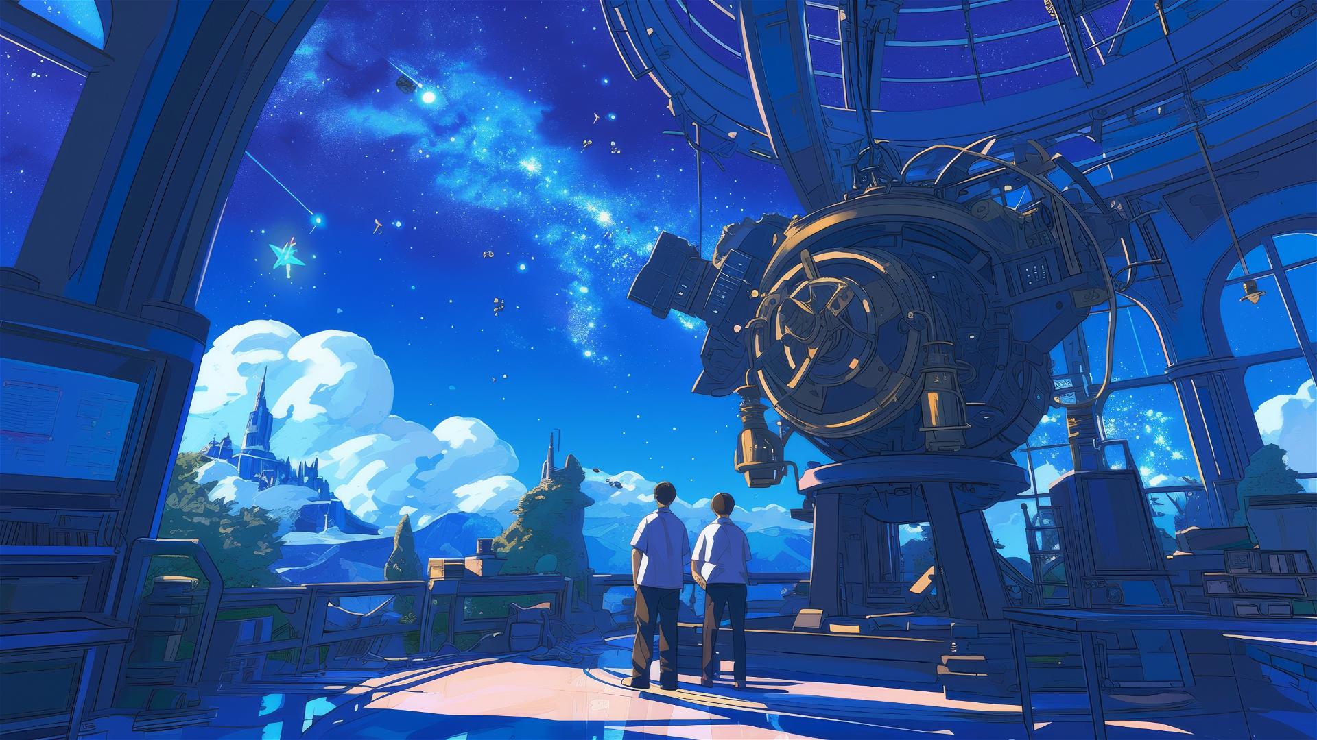 Anime characters in a Ghibli-style observatory watching stars.