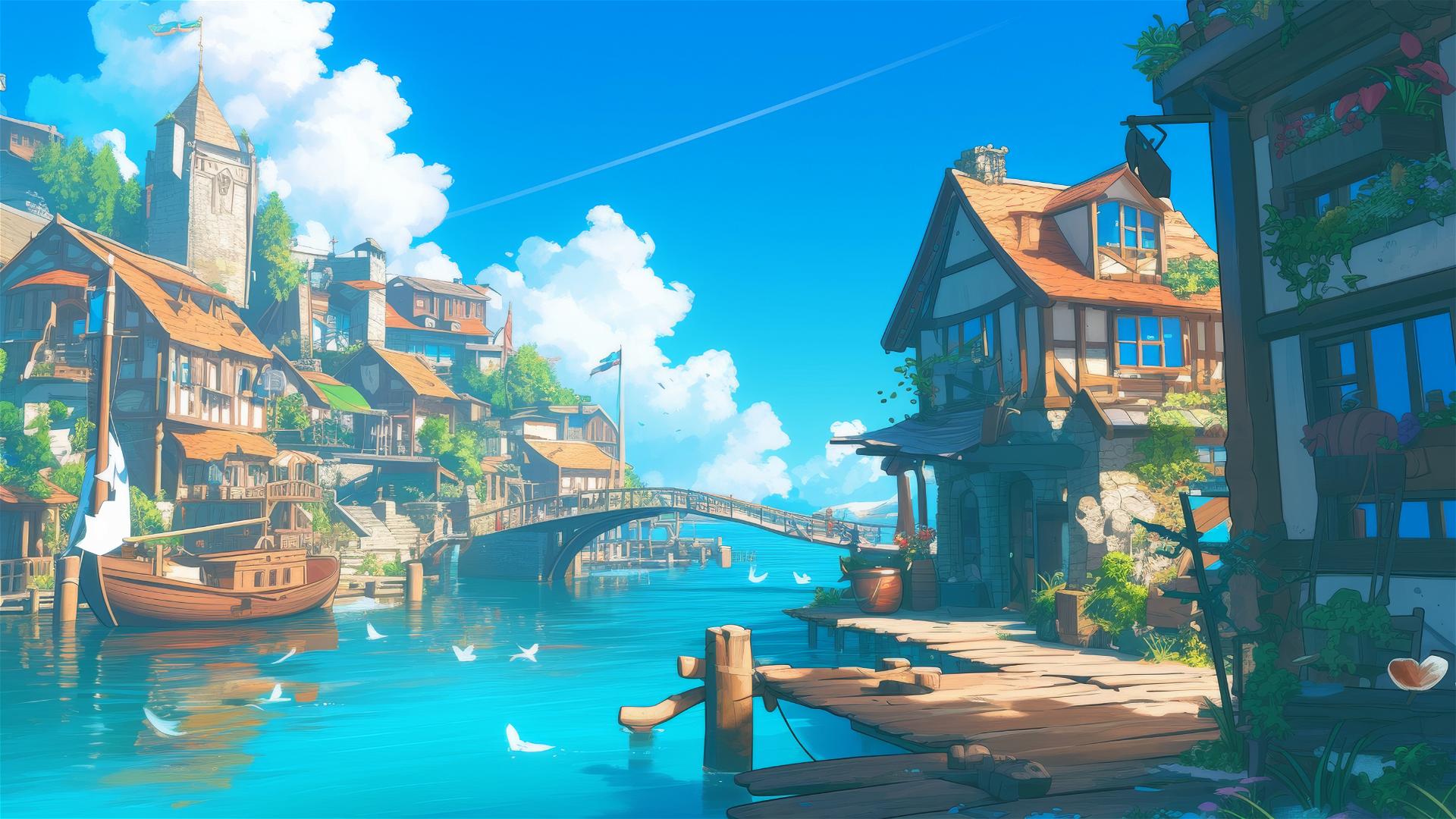 Ghibli-style anime seaside village at dawn with mystical boats.