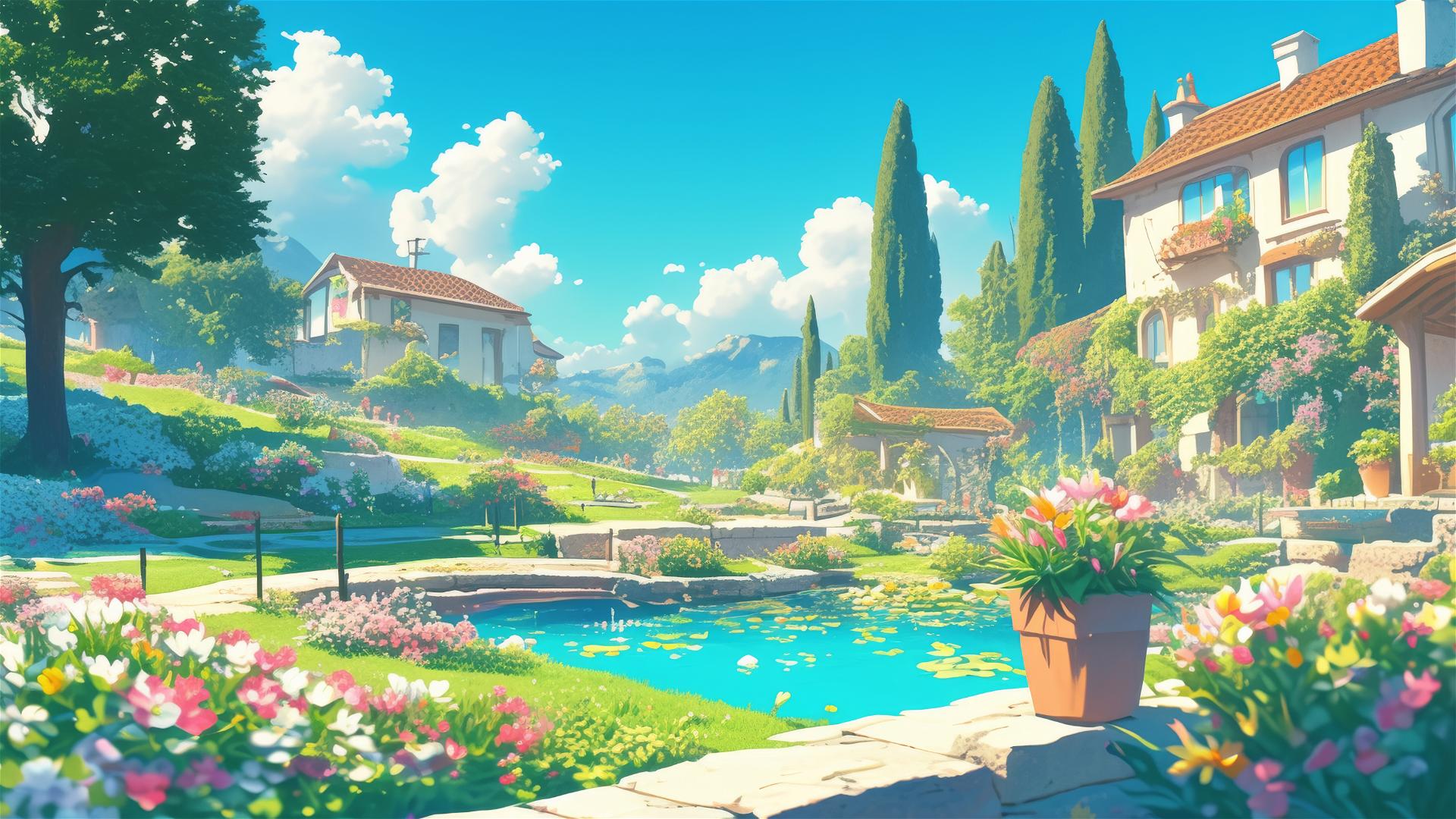 Serene Ghibli-style anime garden with frolicking nature spirits.