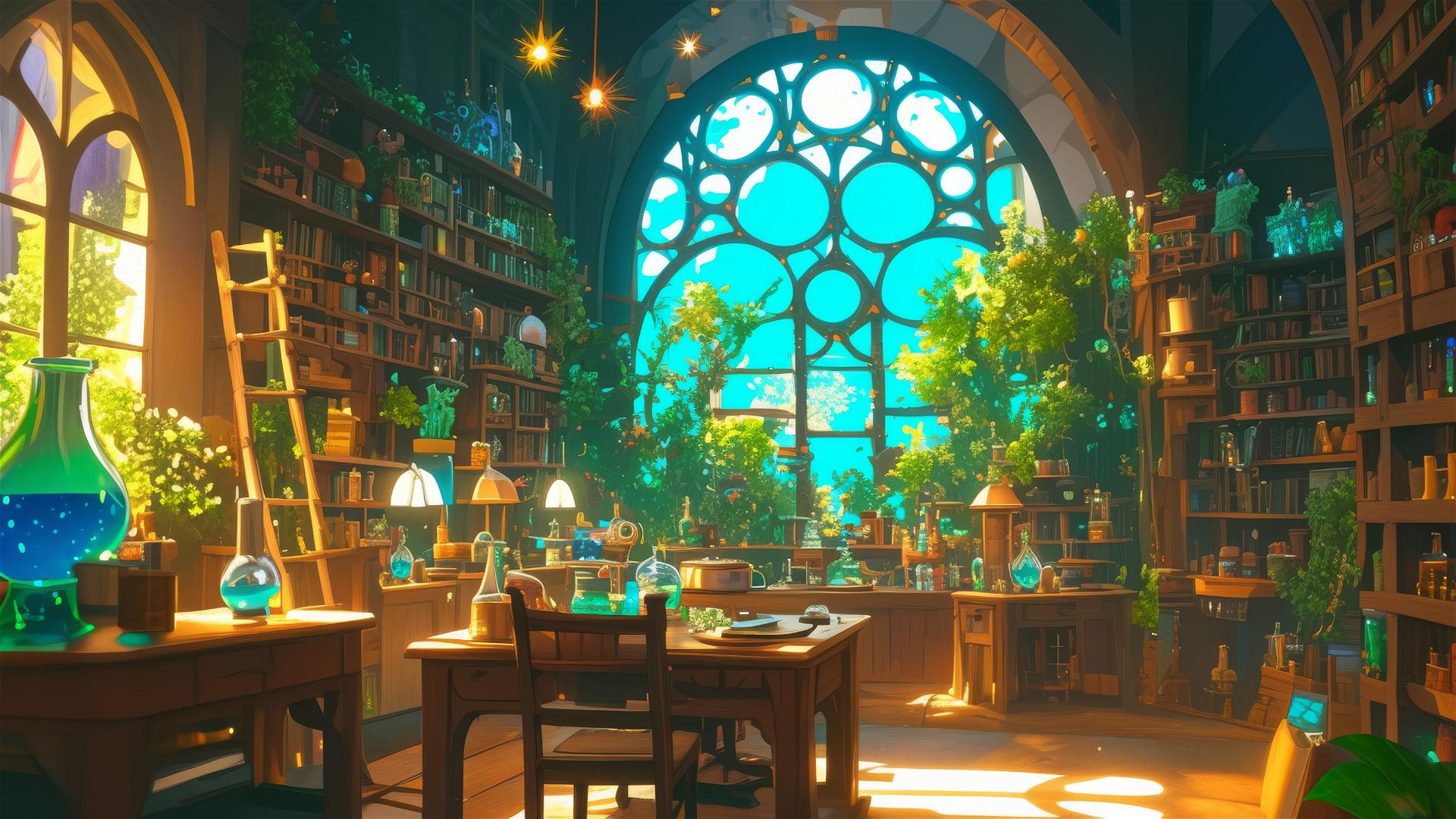 Anime Ghibli school with witchcraft lessons, potions, spells, and magical creatures.