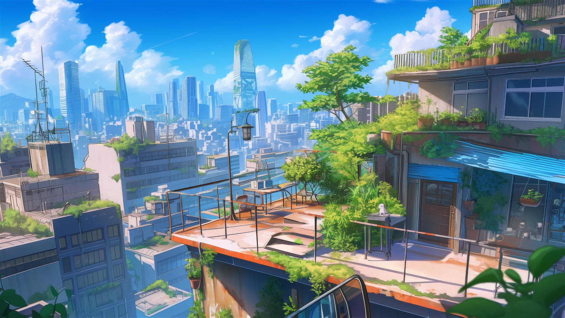 Ghibli-style anime rooftop garden above a bustling city.