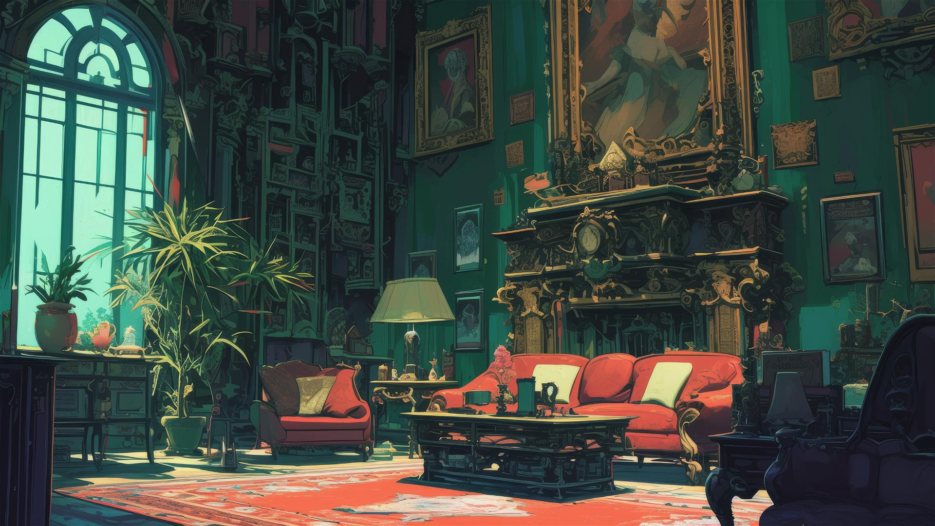 Anime-style Ghibli mansion with cursed artifacts and ghosts.