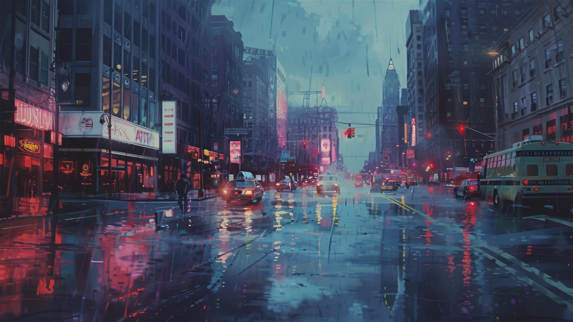 1970s city street scene, wet pavement, cloudy sky, vibrant colors