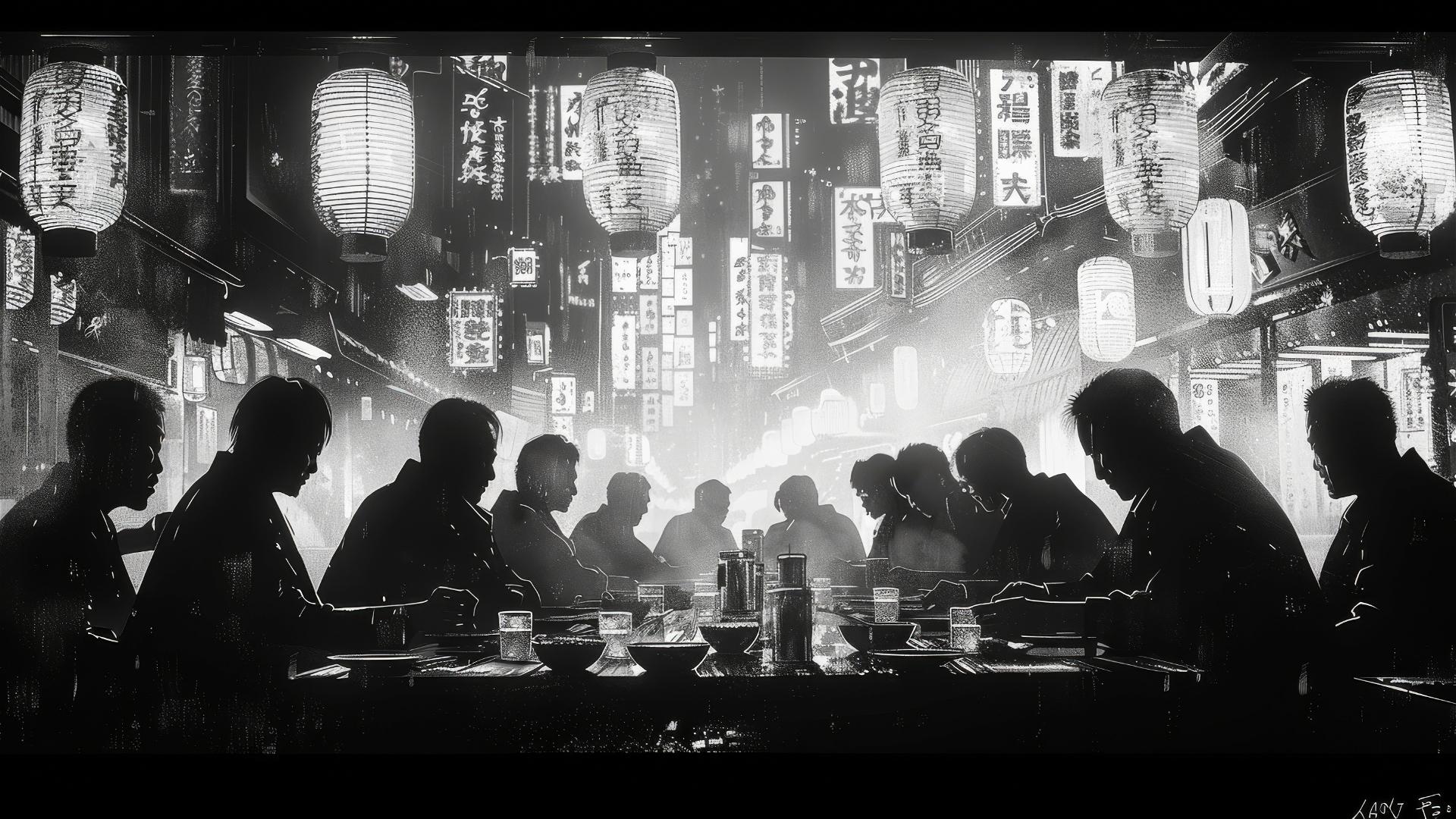 Yakuza men in a Japanese ramen restaurant, black and white illustration.
