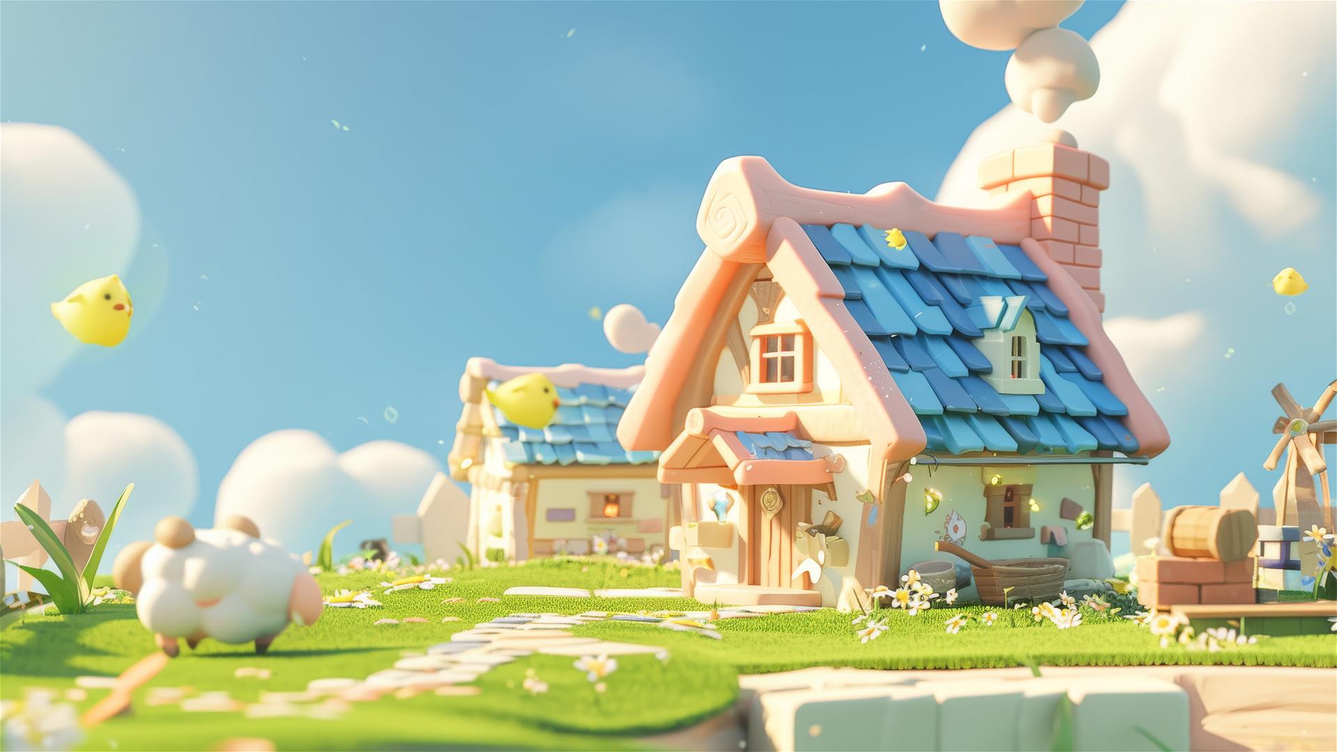Cartoon-style house with pink roof, blue eaves, 2 sheep, and blue sky in Nintendo game style.