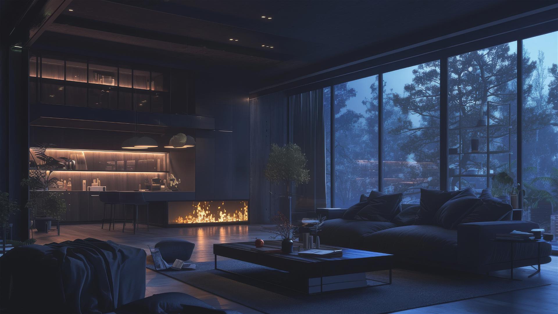 Modern mansion interior in matte black with Scandinavian design and soft white lighting.