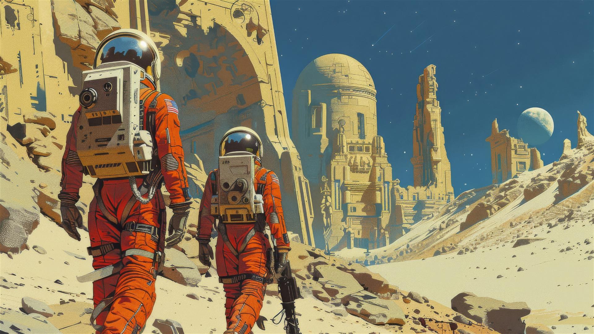 Sci-fi cover with astronaut couple in desert ruins