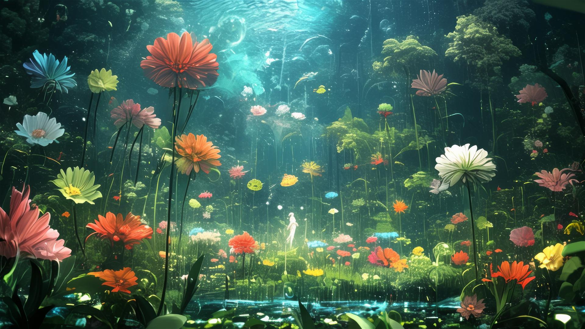 Woman in white dress floating in an underwater garden with vibrant flowers