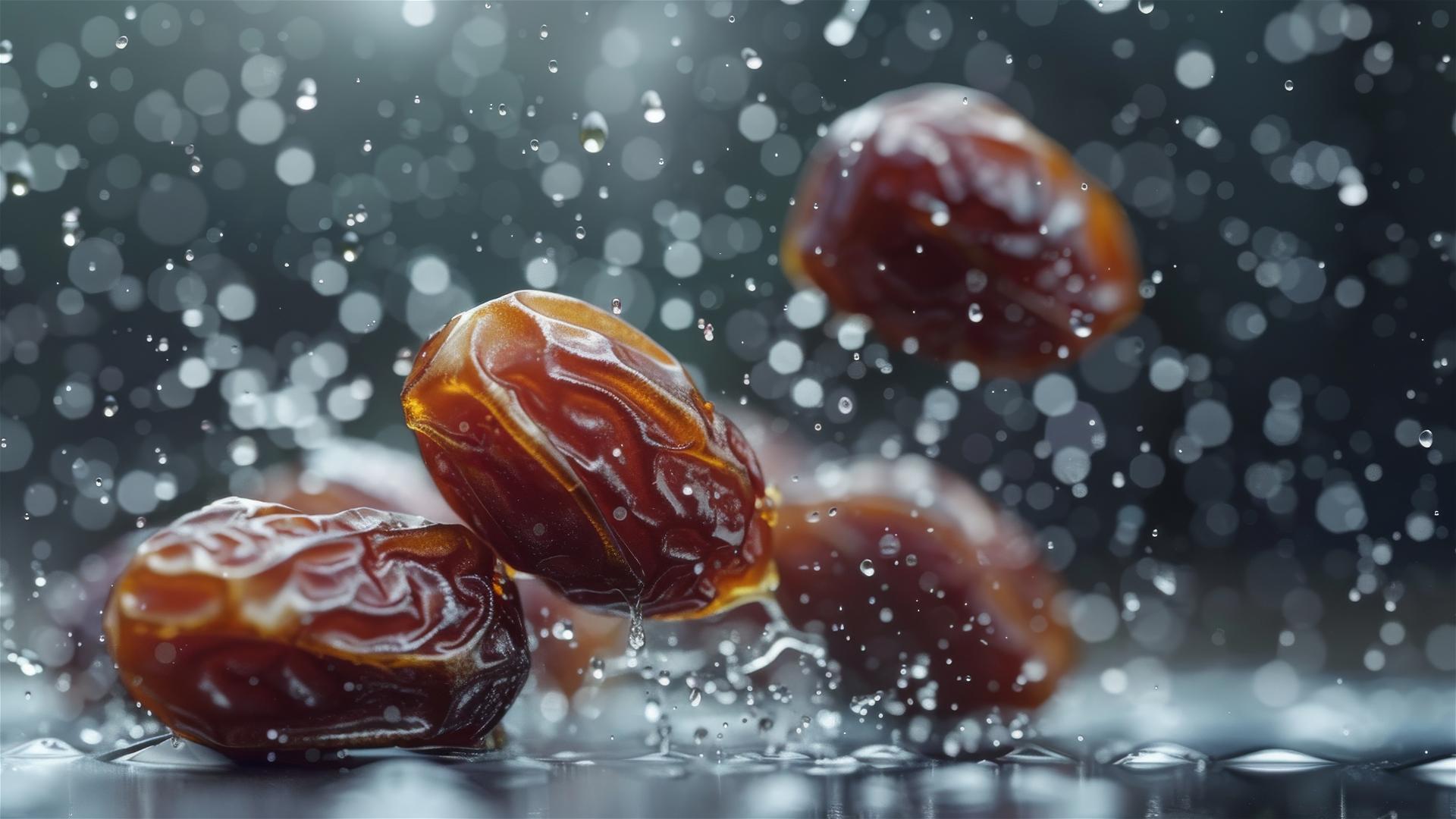 Hyper-realistic medjool dates raining down in high-resolution