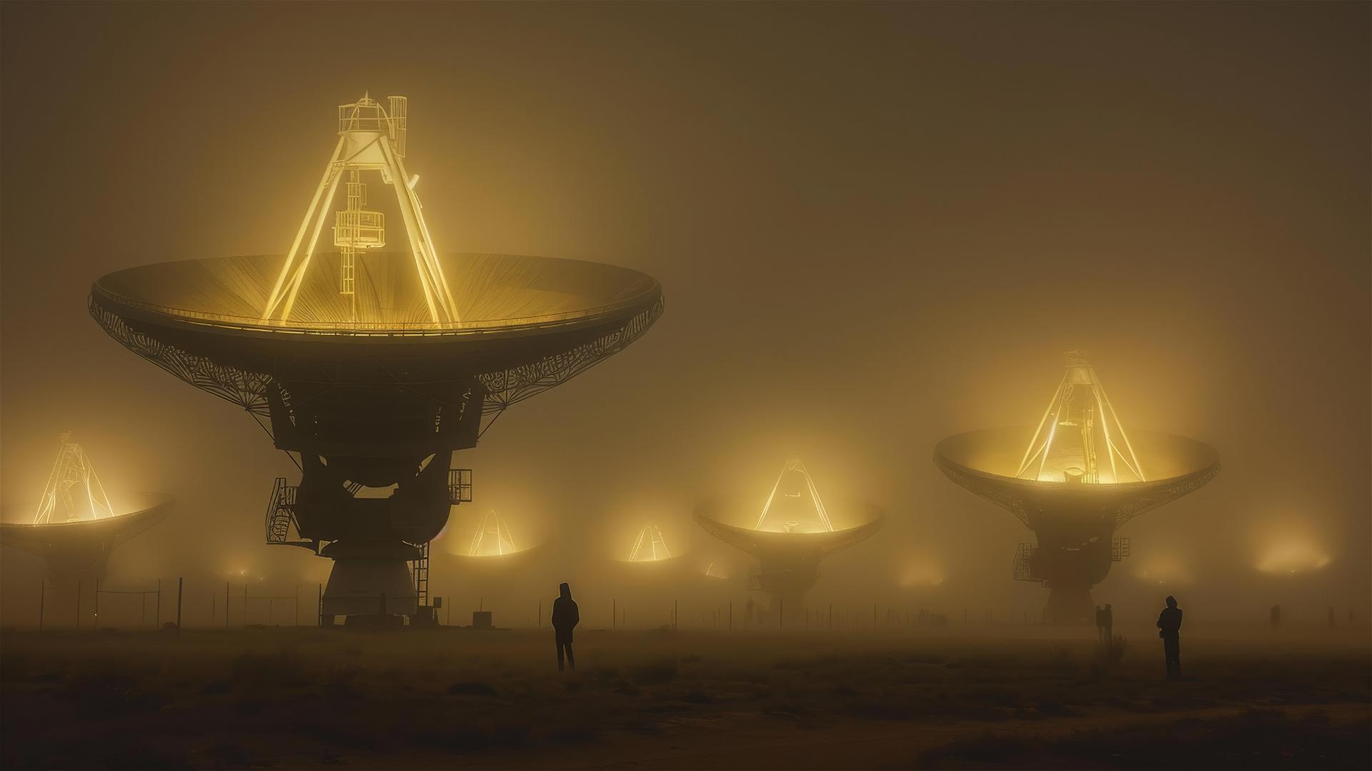 Large radio telescope dishes at night with fog and figures