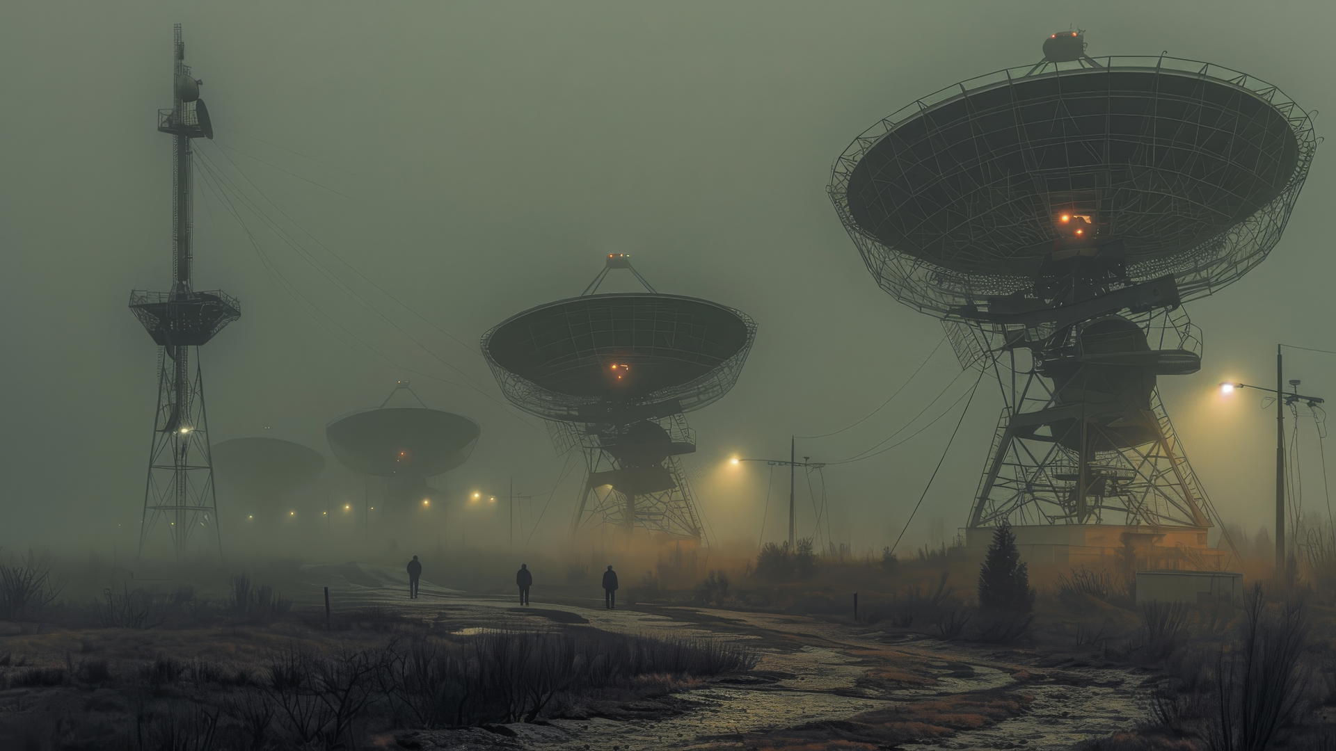 Panoramic view of large radio telescope dishes at foggy night with figures in front