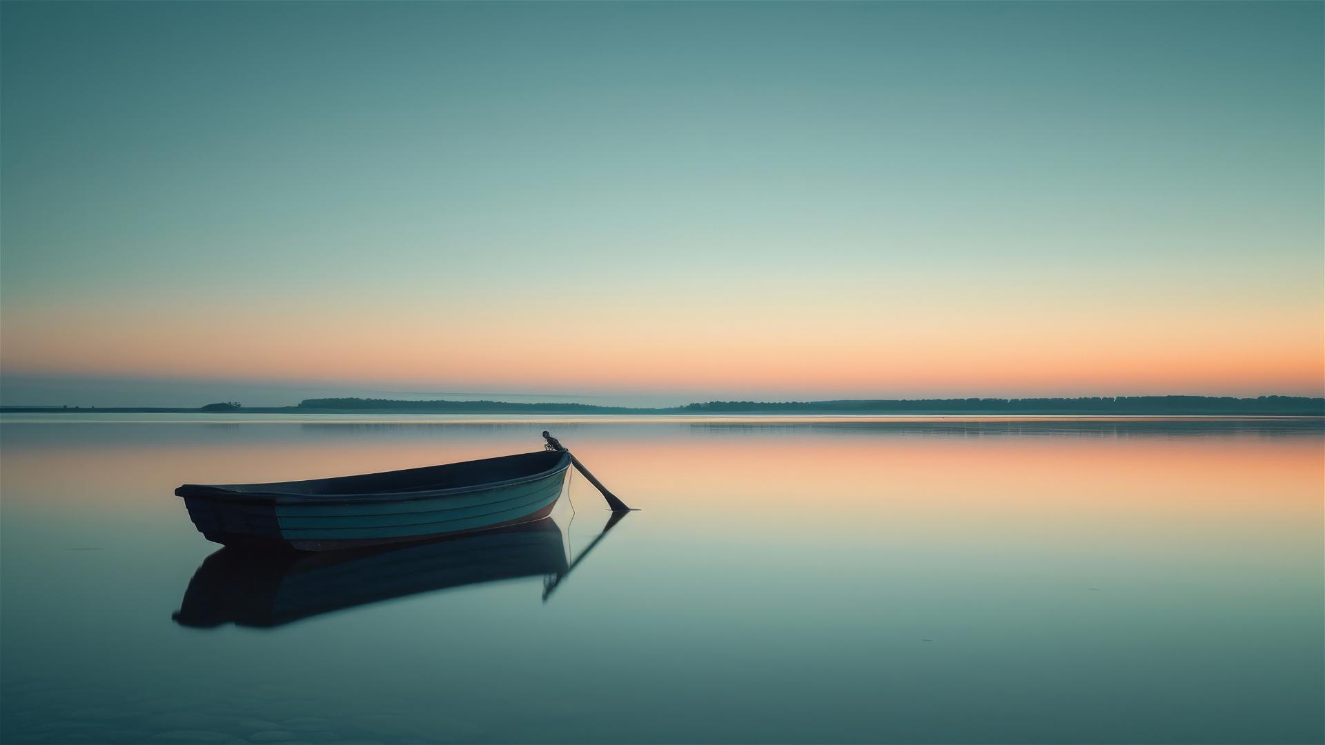 Small boat on calm lake with clear sky at dawn, long exposure eye-level shot