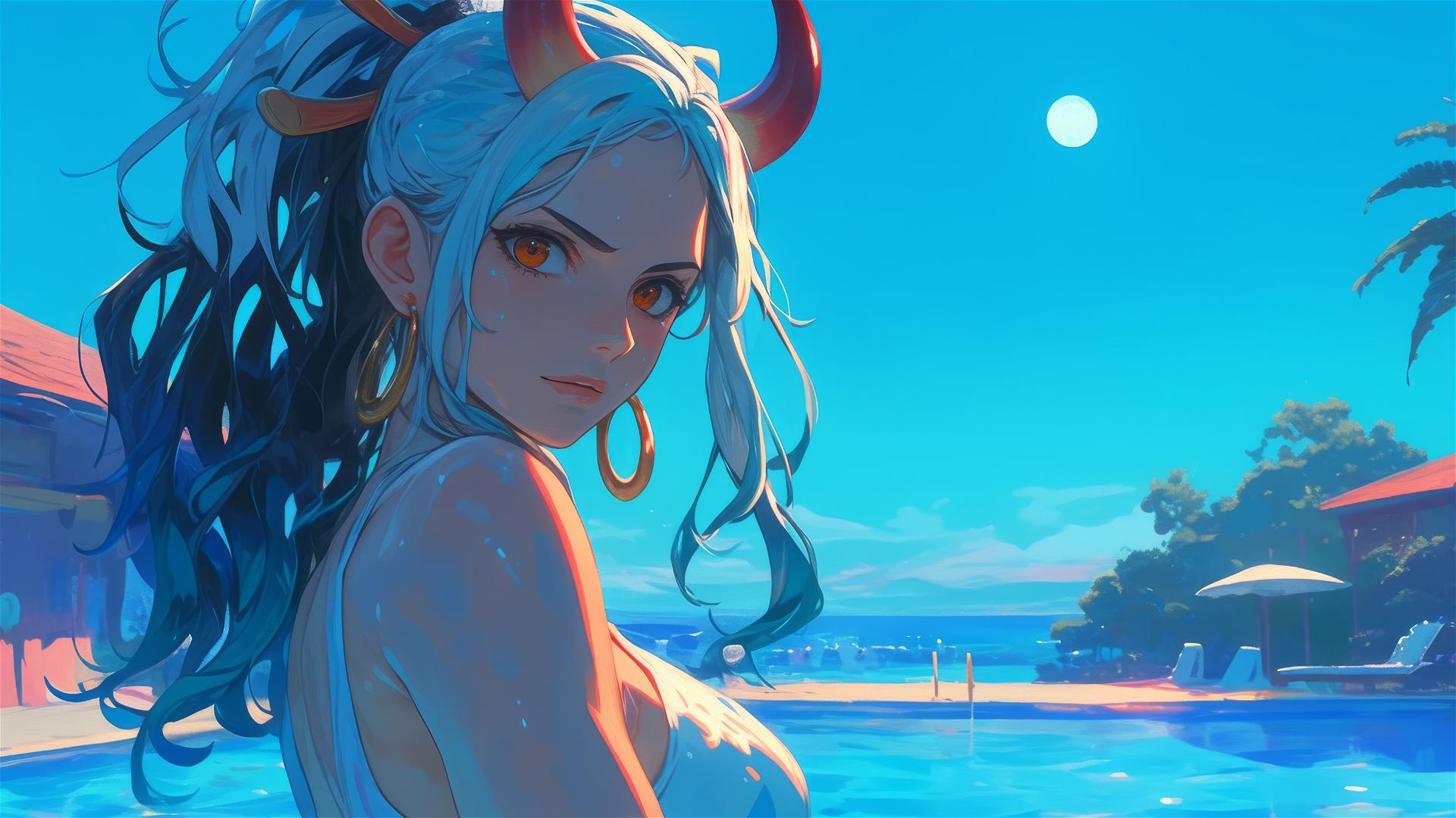 Yamato from One Piece in pool under moonlight with orange eyes