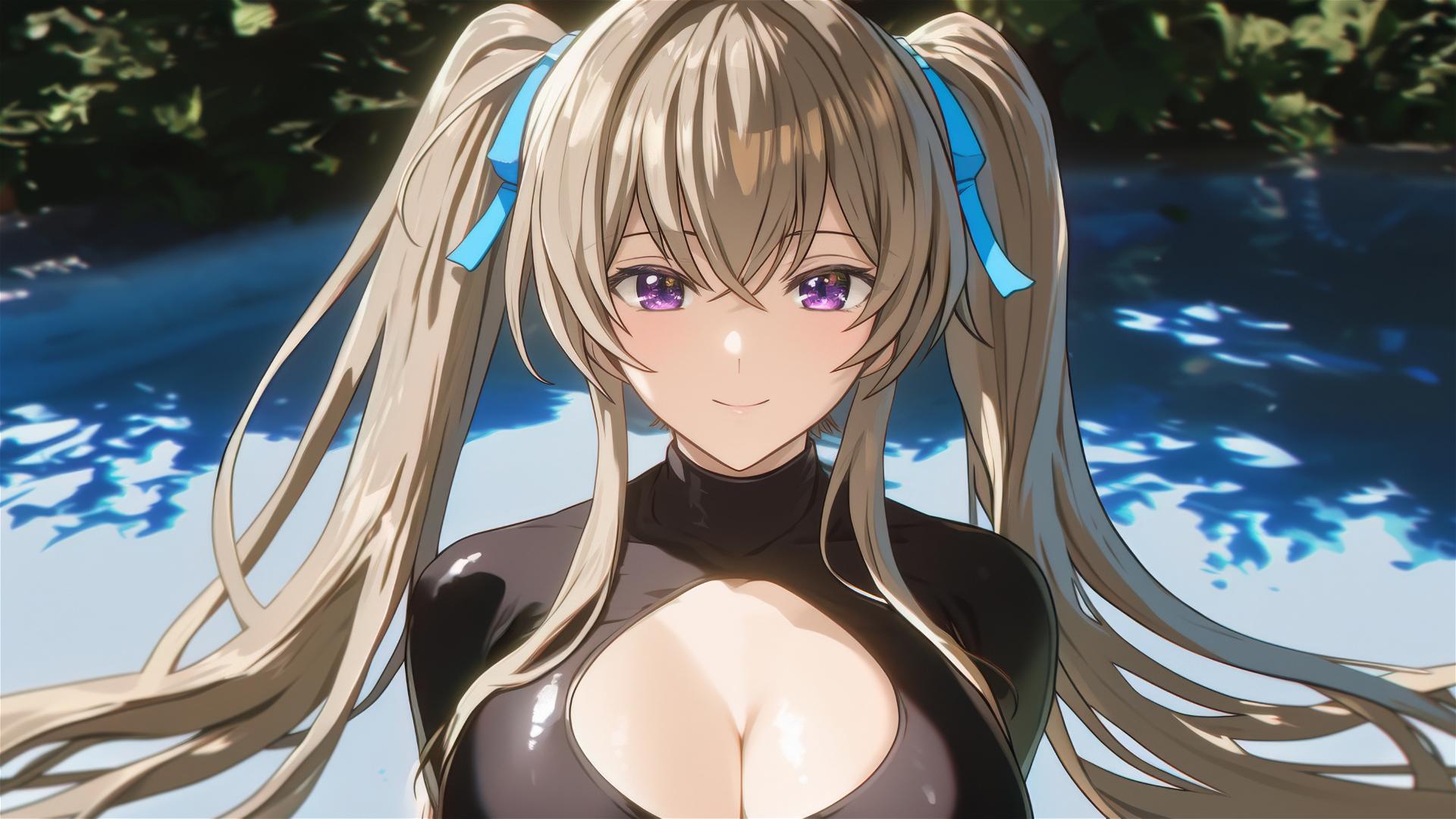 Irina Shidou from High School DxD by the pool under moonlight with violet eyes and twintails
