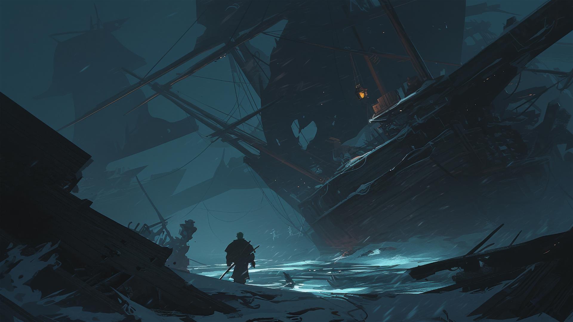 Roronoa Zoro in eerie lantern light at foggy old shipyard at night
