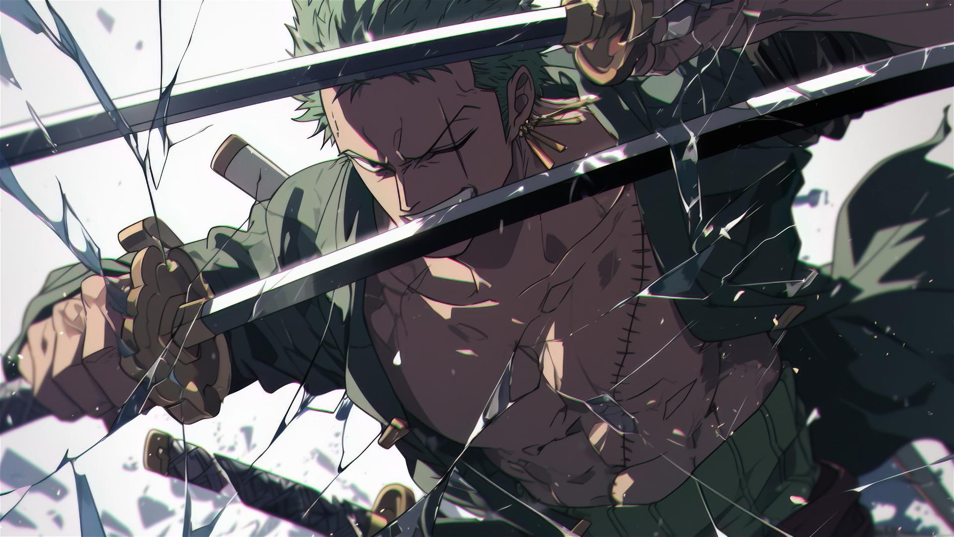 Roronoa Zoro from One Piece battling opponents viewed through a cracked wall