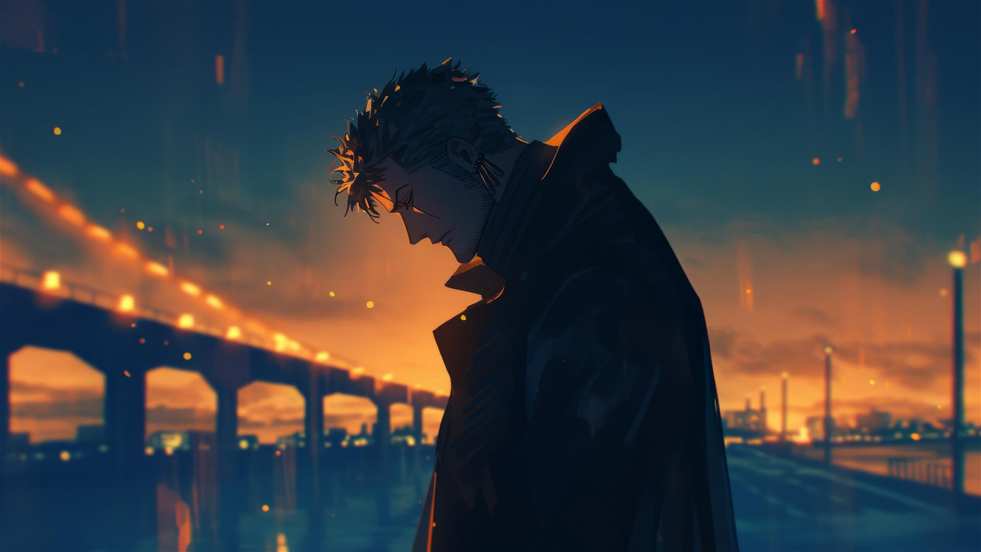Roronoa Zoro on a bridge with distant city lights and cool breeze