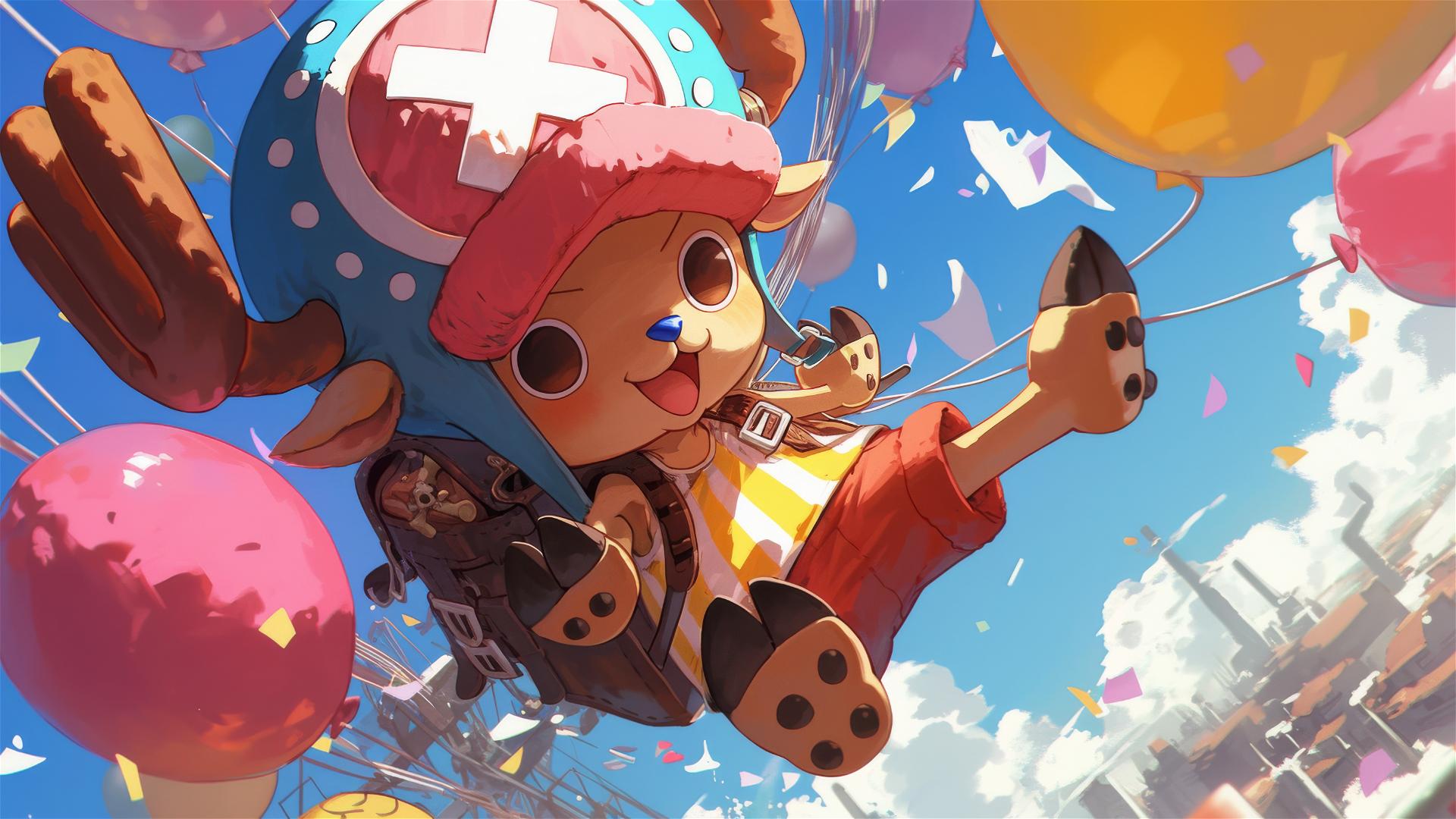 Tony Tony Chopper from One Piece with colorful balloons floating above ground