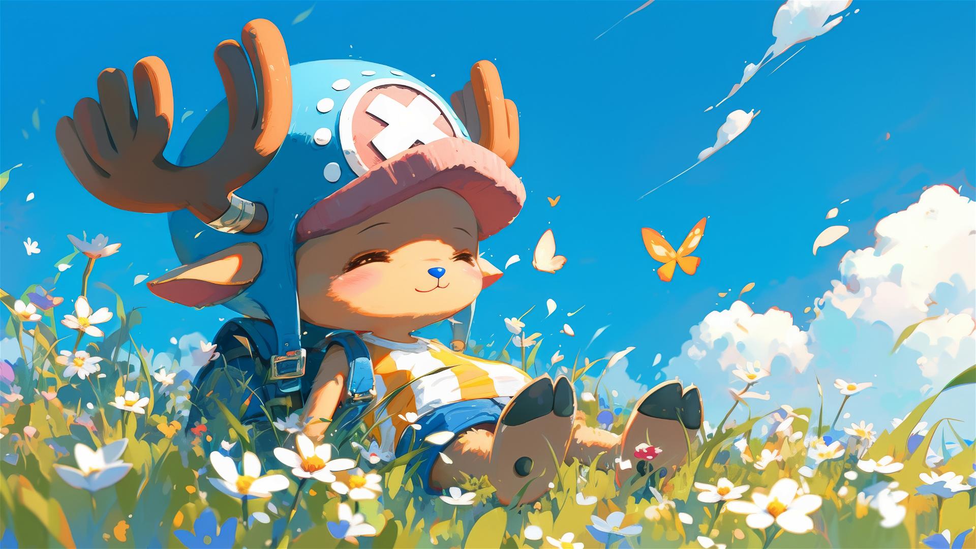 Tony Tony Chopper from One Piece frolicking in a daisy field with butterflies