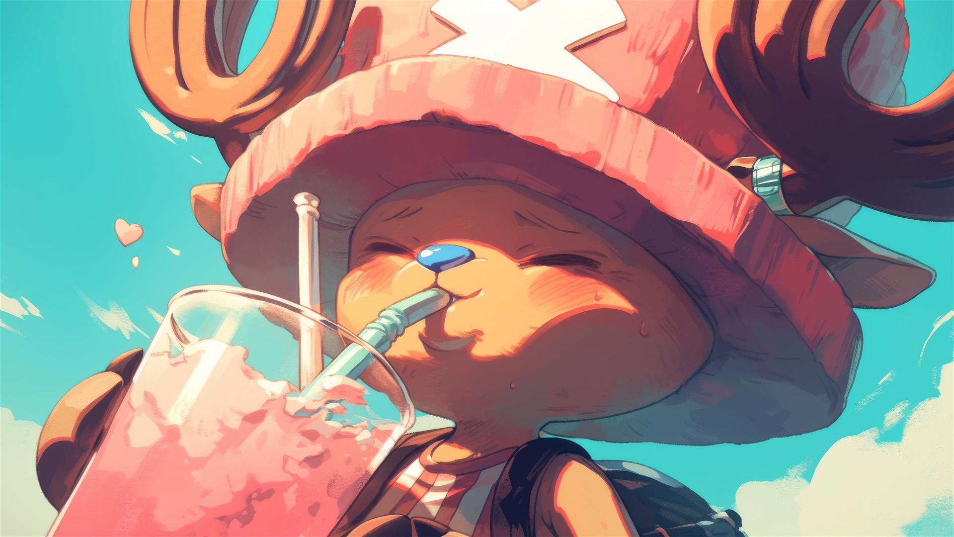 Chopper from One Piece sipping strawberry milkshake