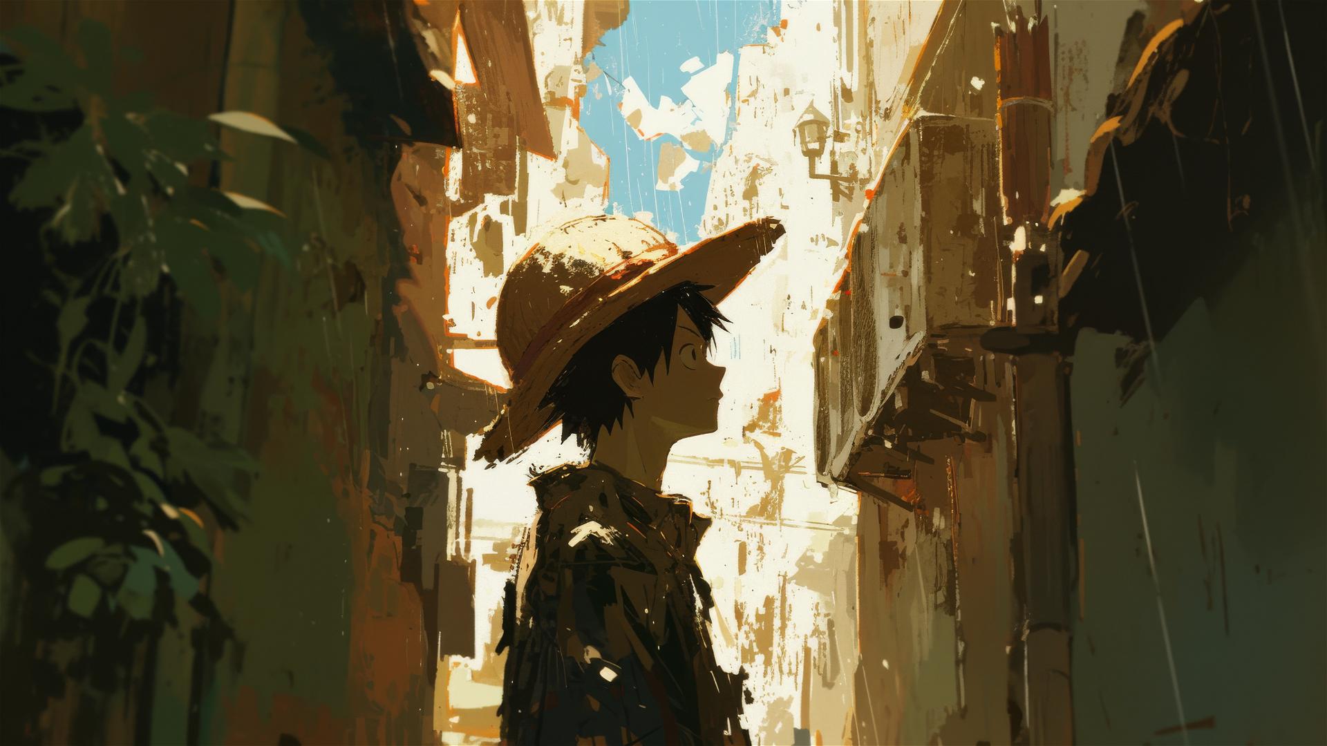 Luffy from One Piece in a rainy alley with puddles reflecting solitude