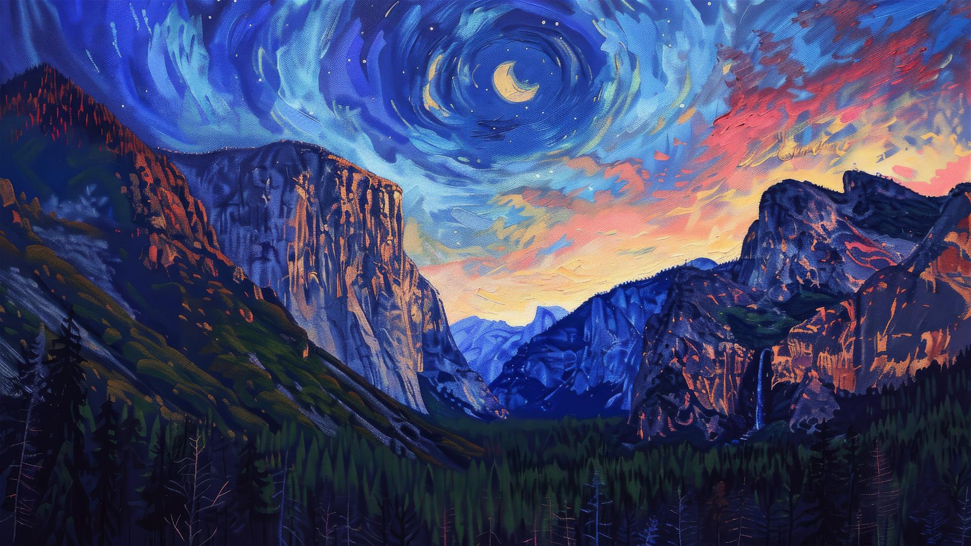 Yosemite Valley cliffs at sunset styled like Starry Night