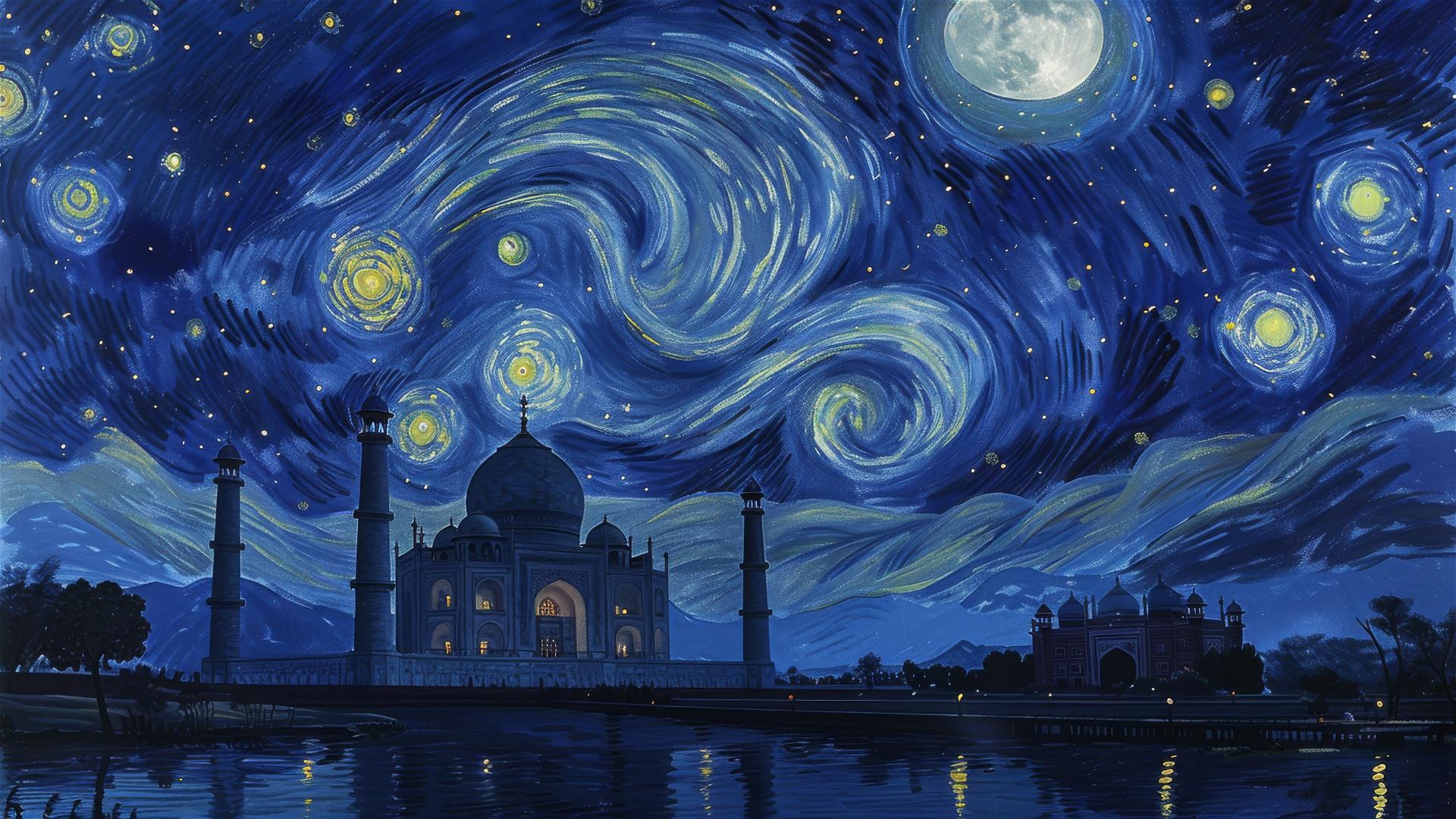 Taj Mahal under moonlight with Van Gogh Starry Night sky and reflective water