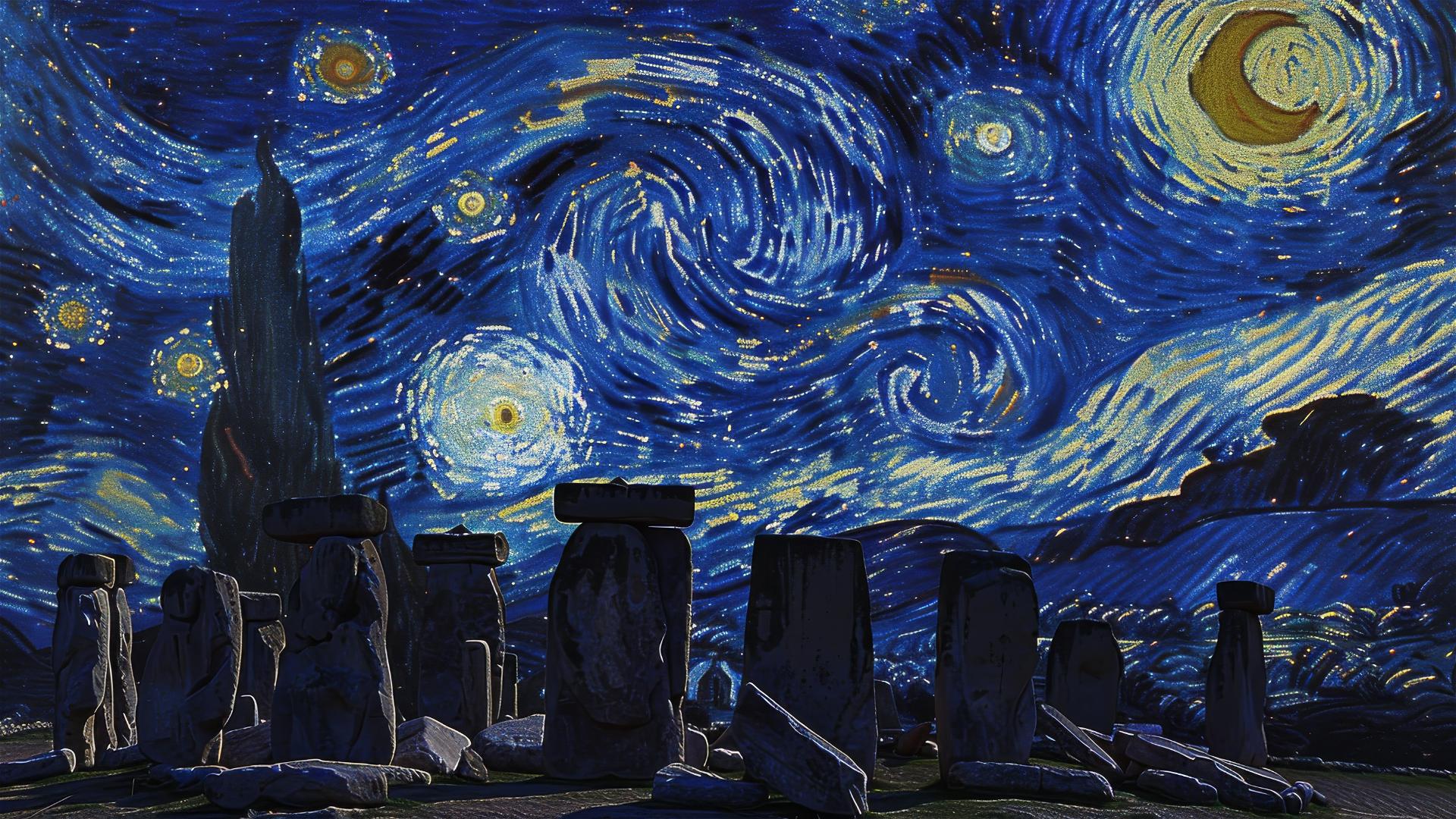 Stonehenge with Van Gogh Starry Night Skies