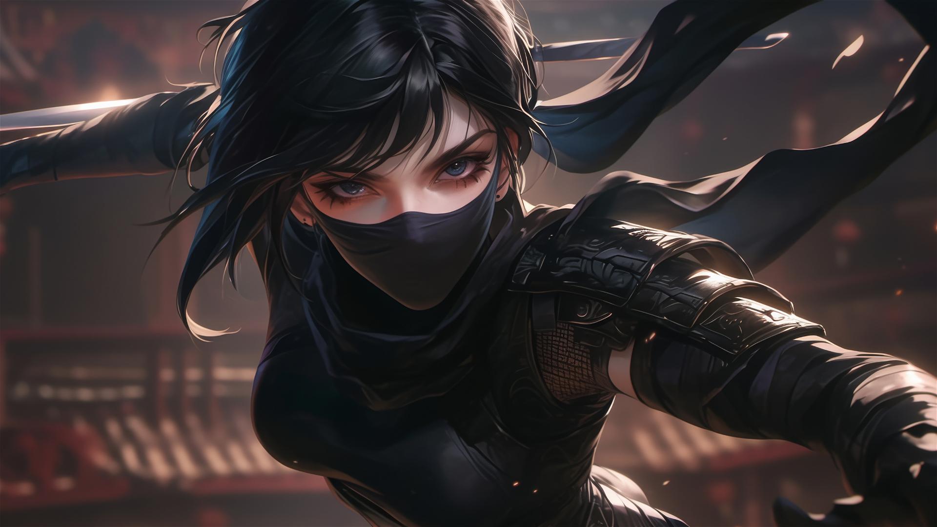 Ninja girl with short hair and masked face in dynamic pose highlighting thigh
