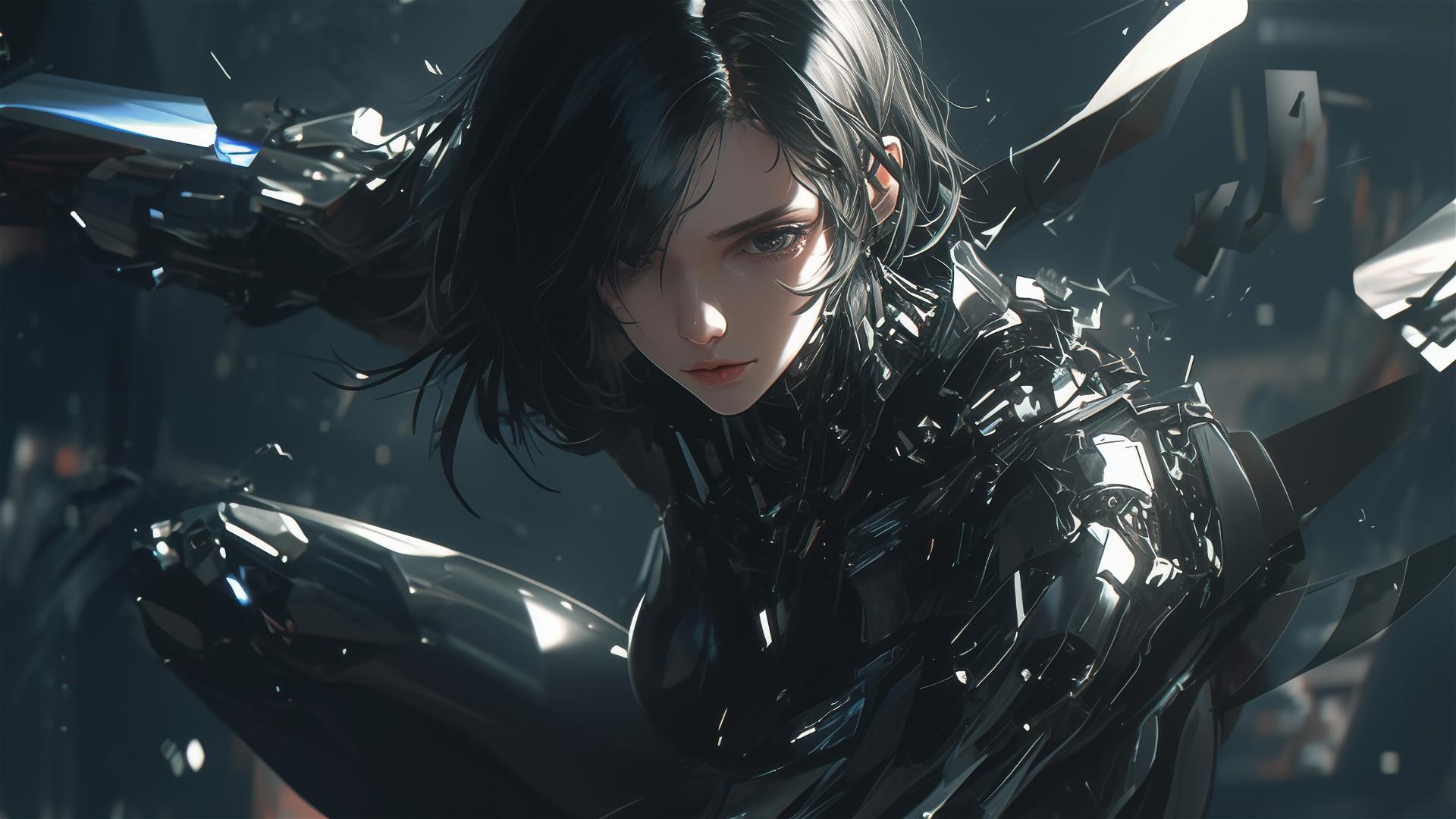 Cybernetic agent girl in dynamic pose with thigh focus on dark background