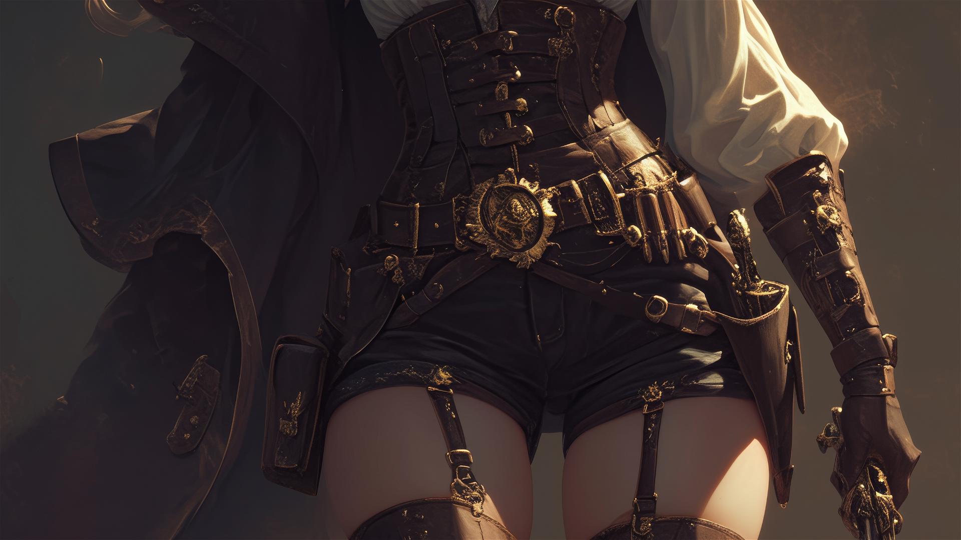 Steampunk adventurer girl in dynamic pose with spotlight effect on dark background