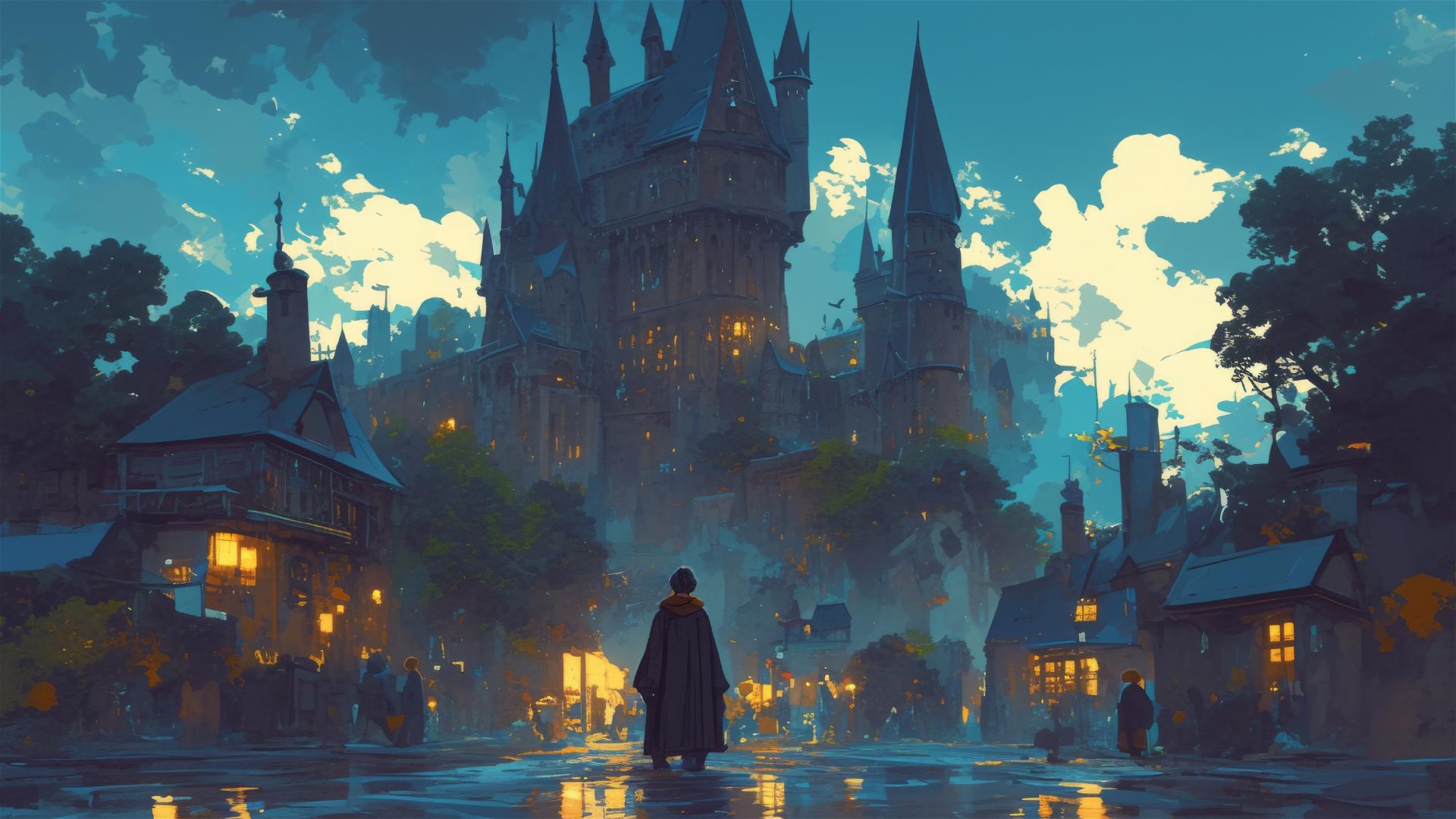 Ghibli-style illustration of rainy Hogwarts from Harry Potter