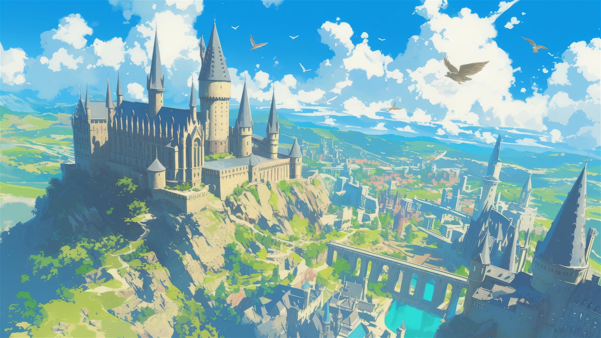 Ghibli-inspired aerial view of Hogwarts School