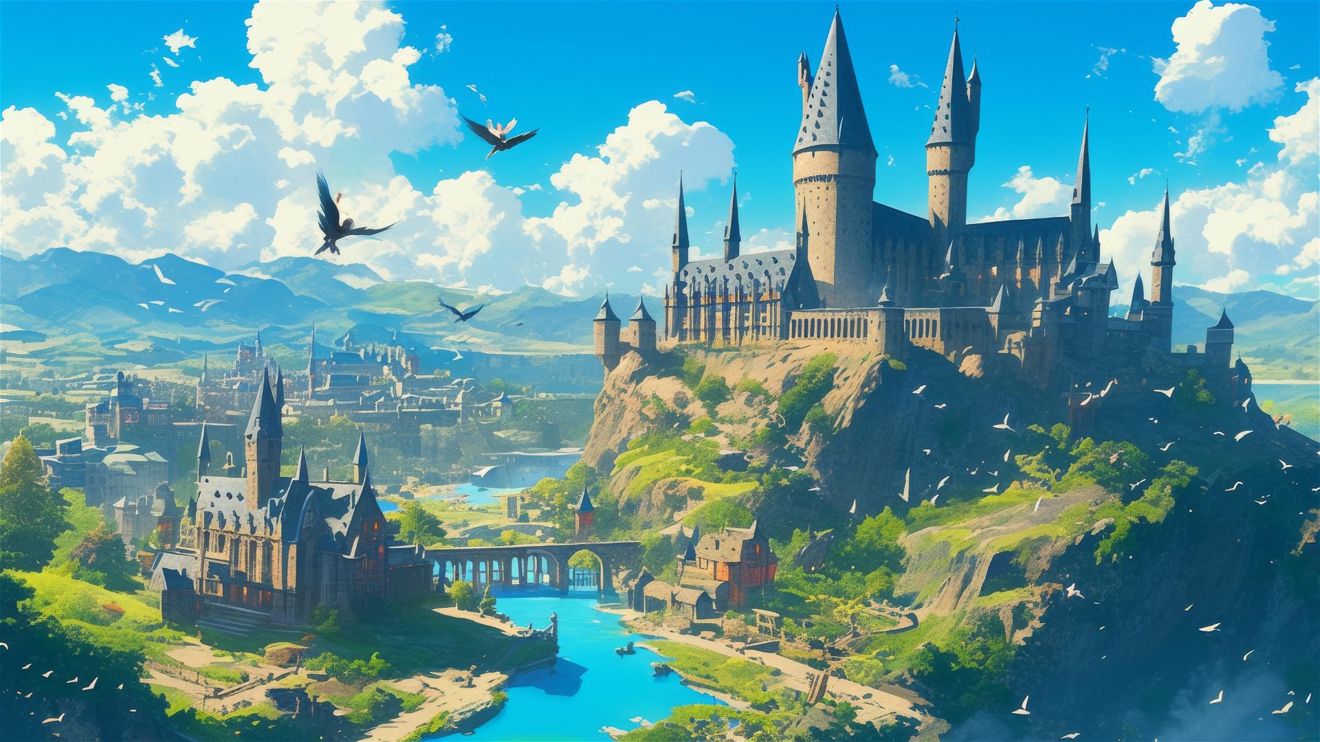 Ghibli-style illustration of Hogwarts from an aerial view