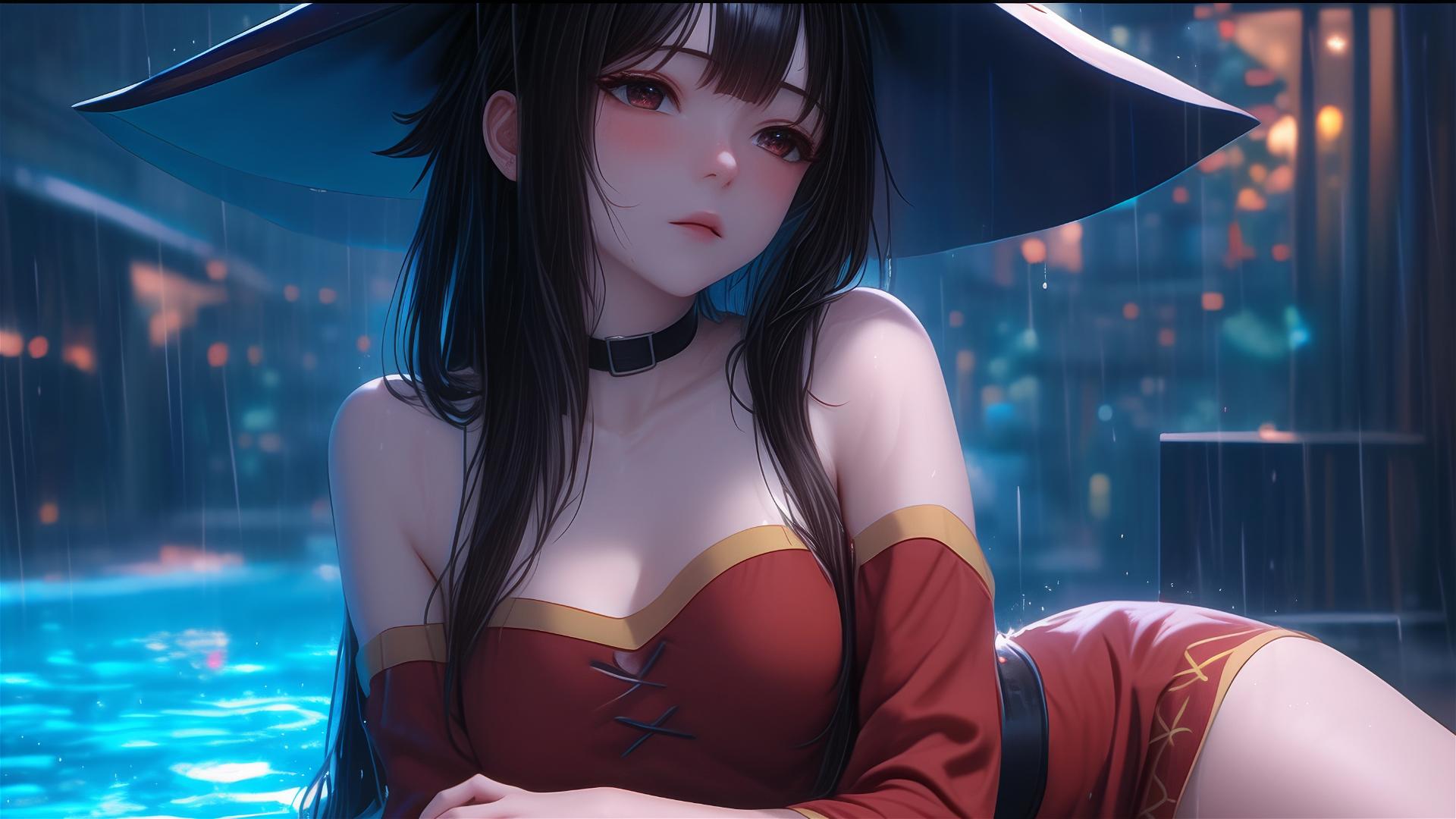 Megumin from KonoSuba rests by pool under moonlit rainy sky