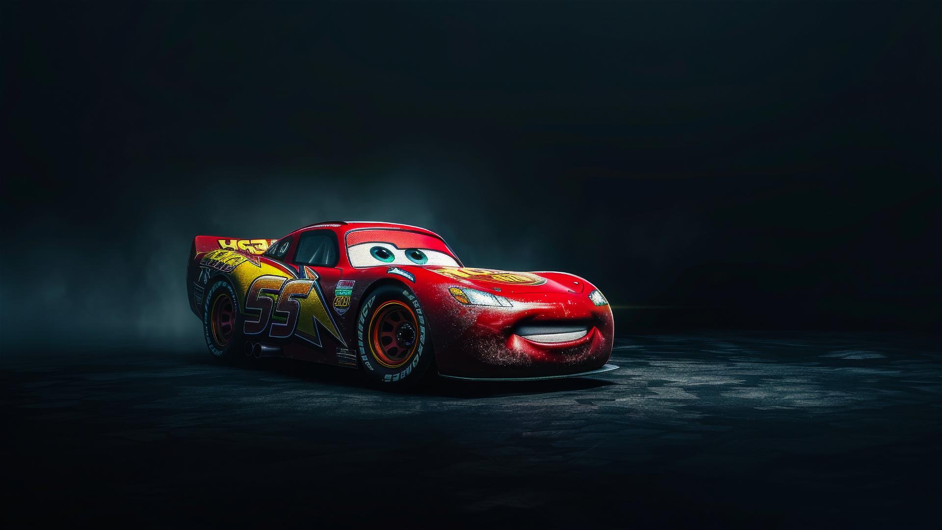 Isolated Lightning McQueen in Harry Potter style with dark background and spotlight.