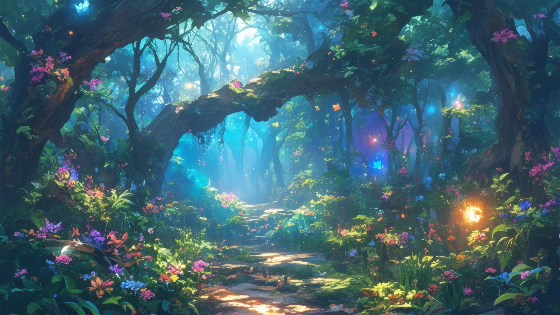 Enchanted forest path with glowing flowers and floating spirits