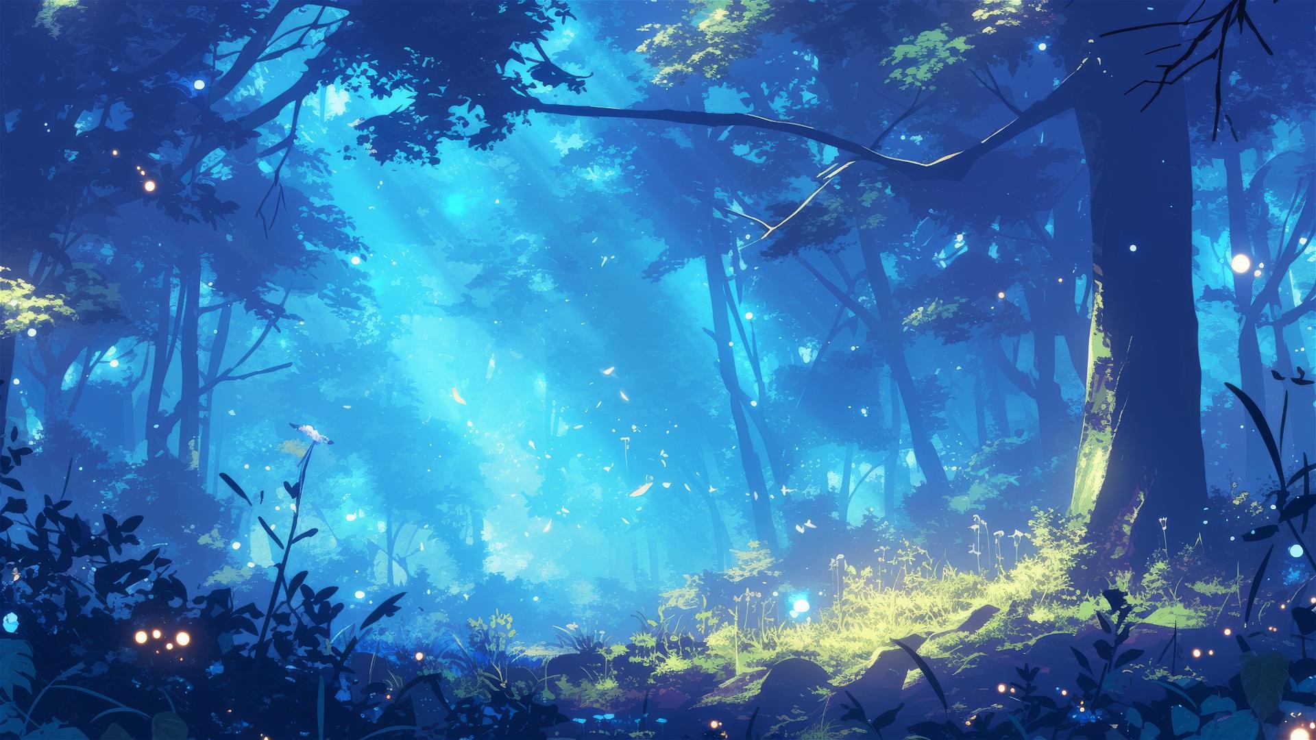 Bioluminescent plants and spirits in deep woods