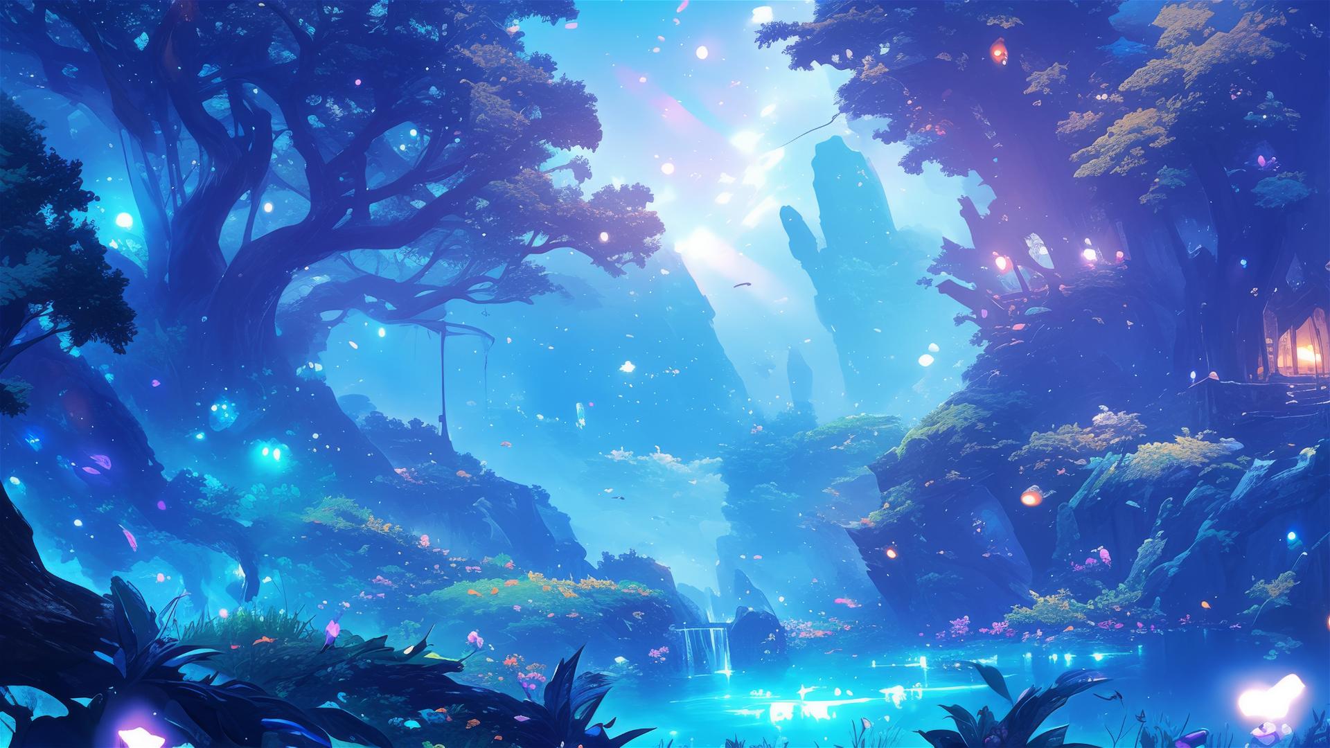 Enchanted forest with shimmering plants and spirits in vivid colors