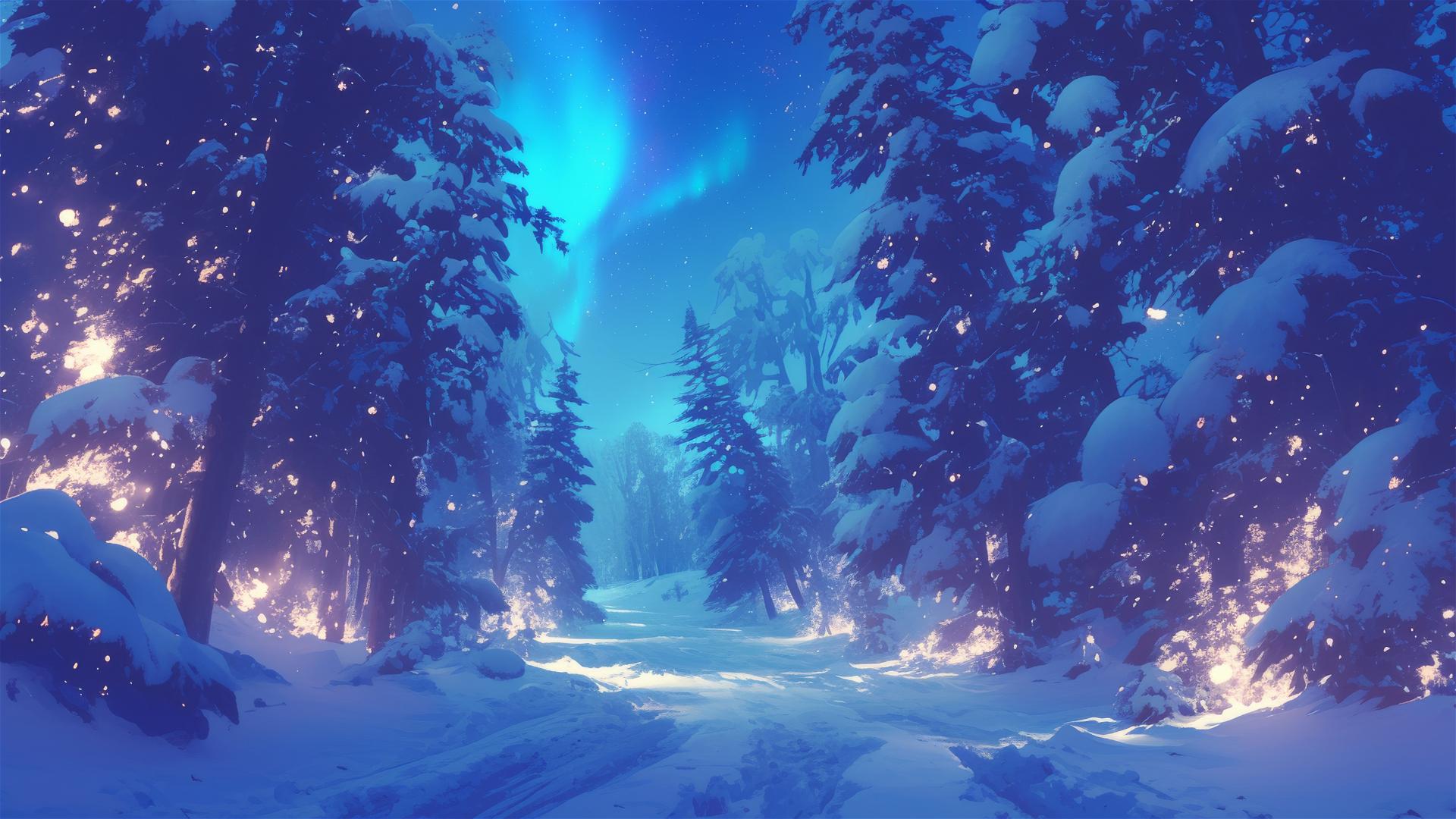 Winter forest path under the aurora borealis with frosty trees
