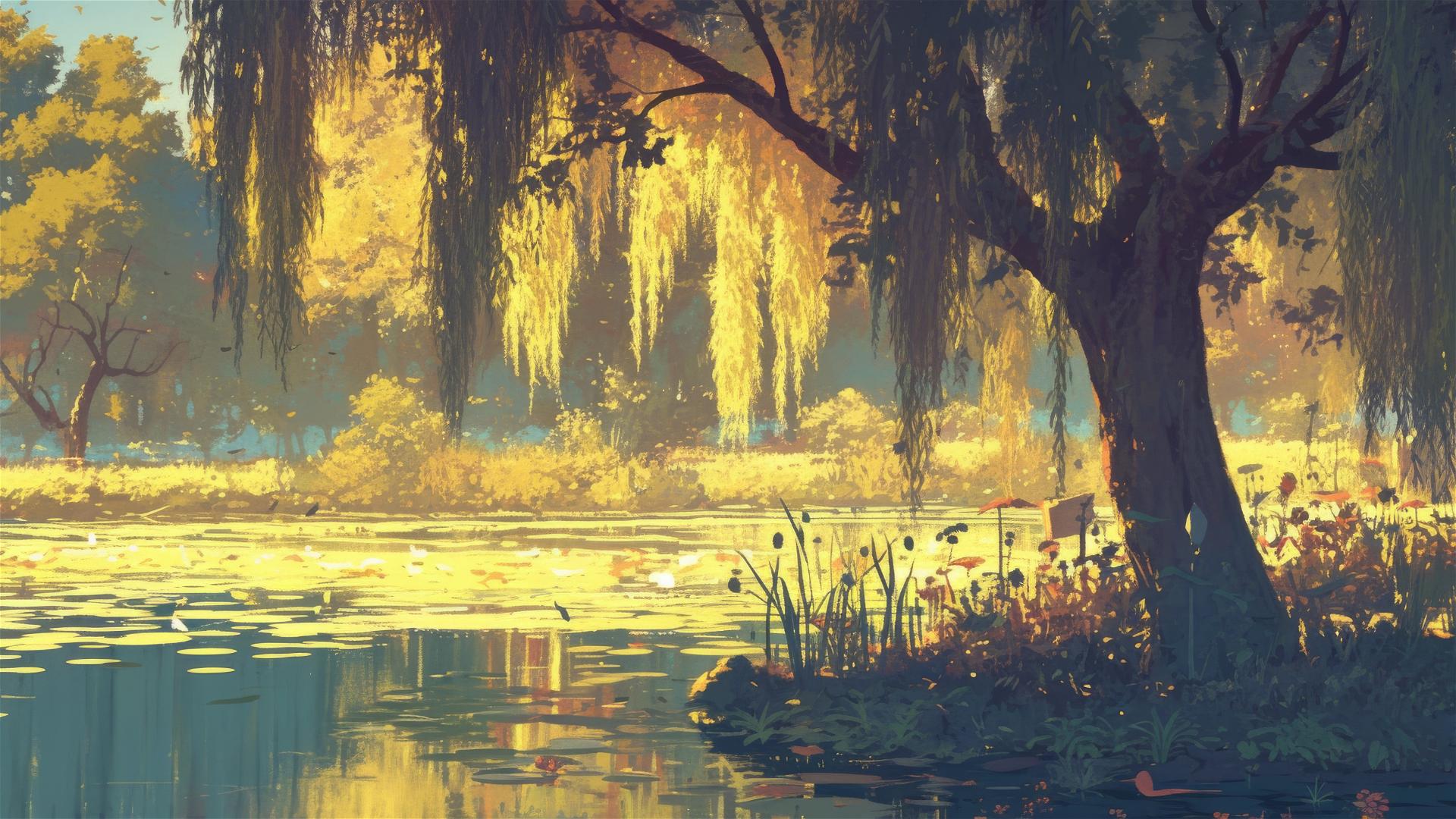 Serene riverside scenery with weeping willows by calm water