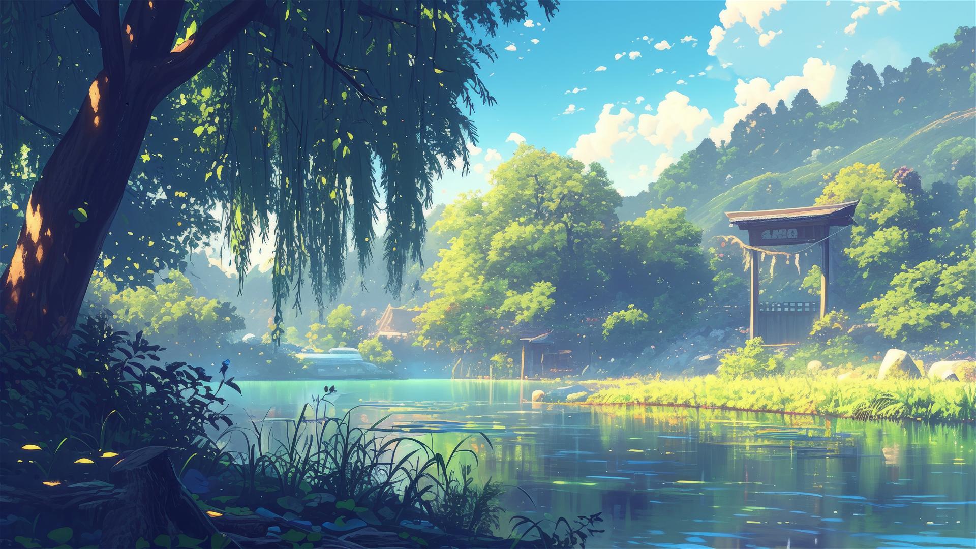 Quiet riverside scene with weeping willows and calm water flow
