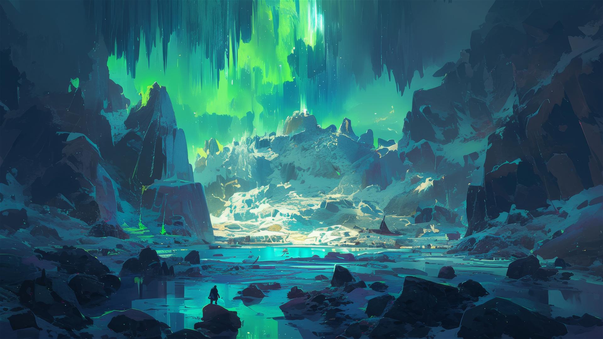 Ice cave with green aurora glow outside.