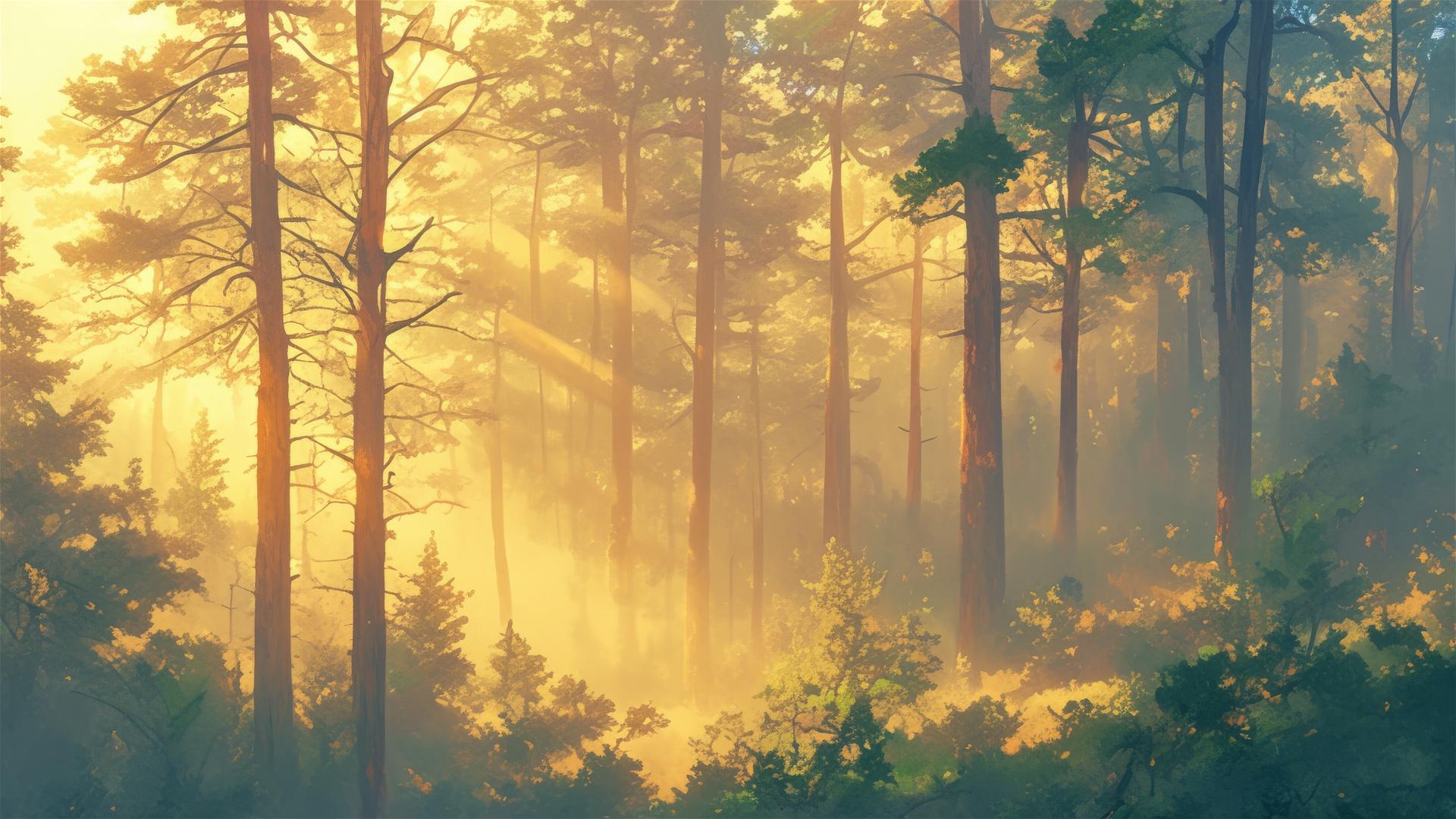 Sunrays piercing fog in a misty pine forest at dawn