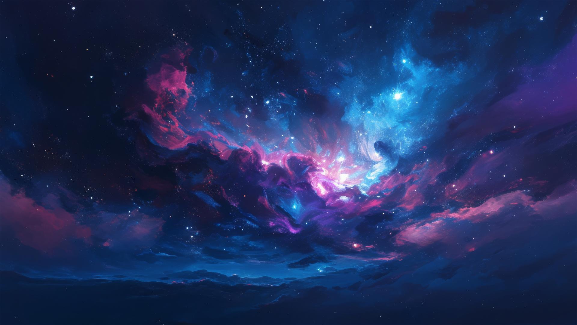 Nebula with pink, blue, and purple swirls and twinkling stars