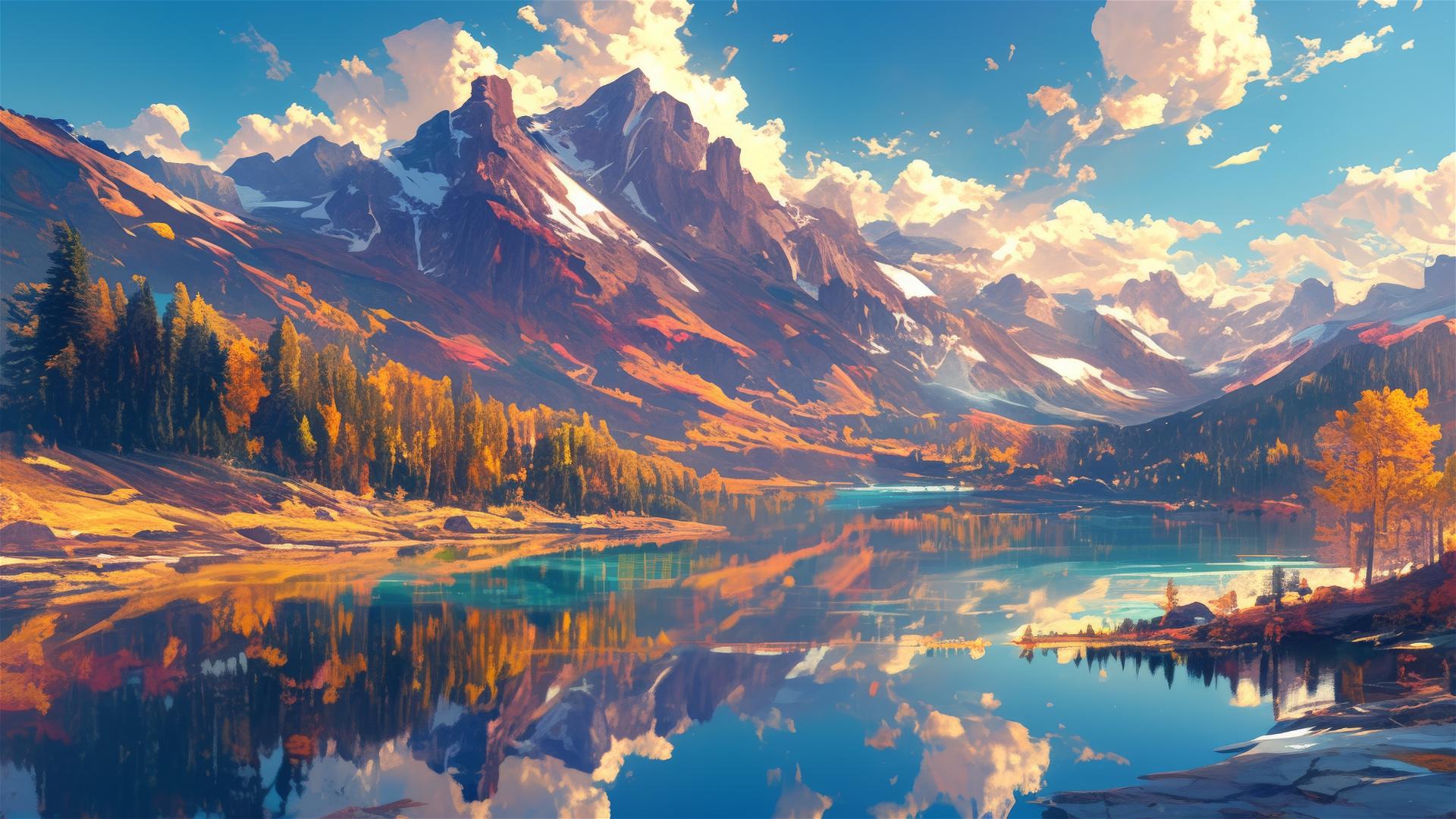 Autumn mountain lake reflection with fiery foliage