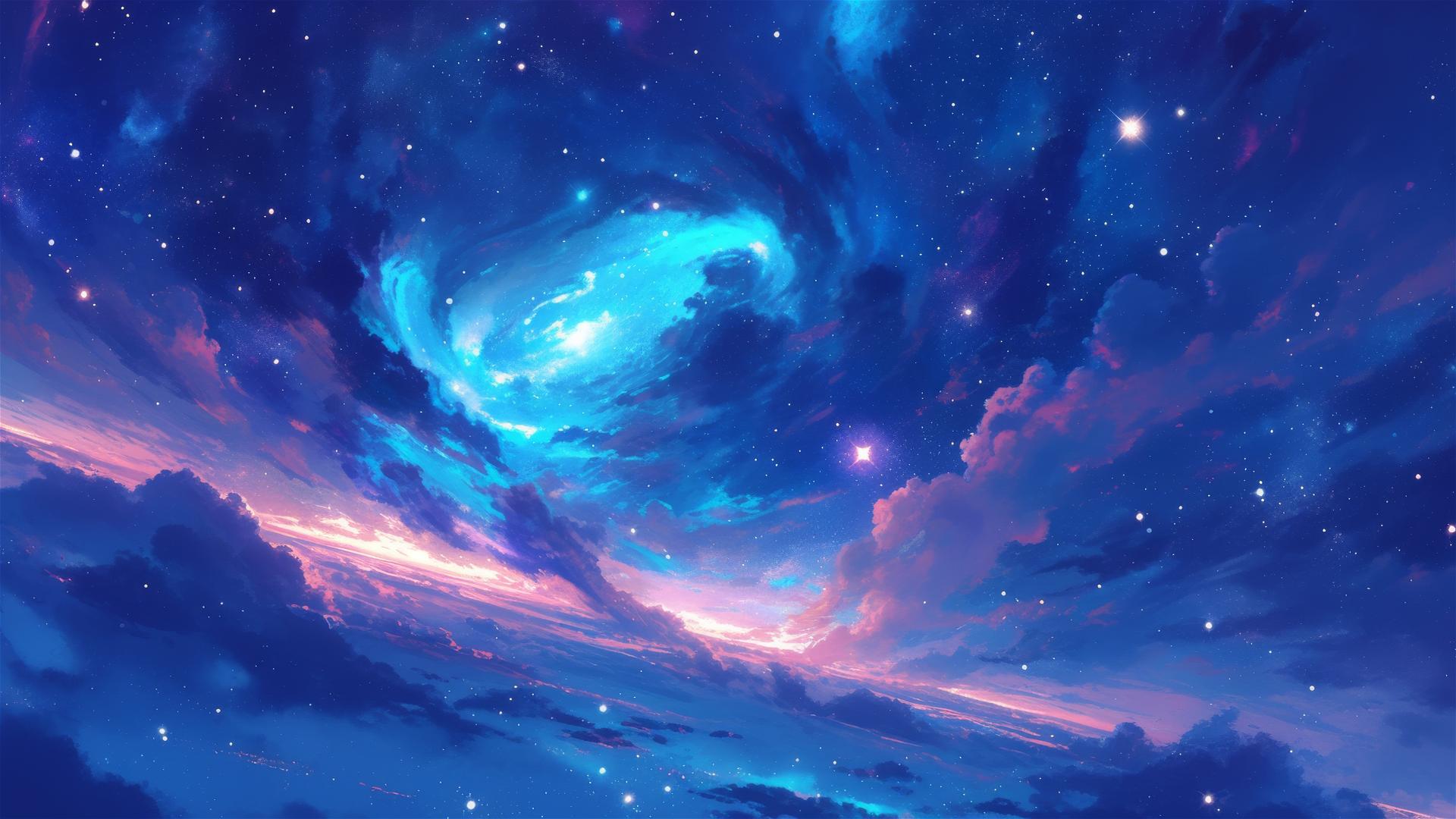 Nebula with swirling pink, blue, and purple hues, stars twinkling in space